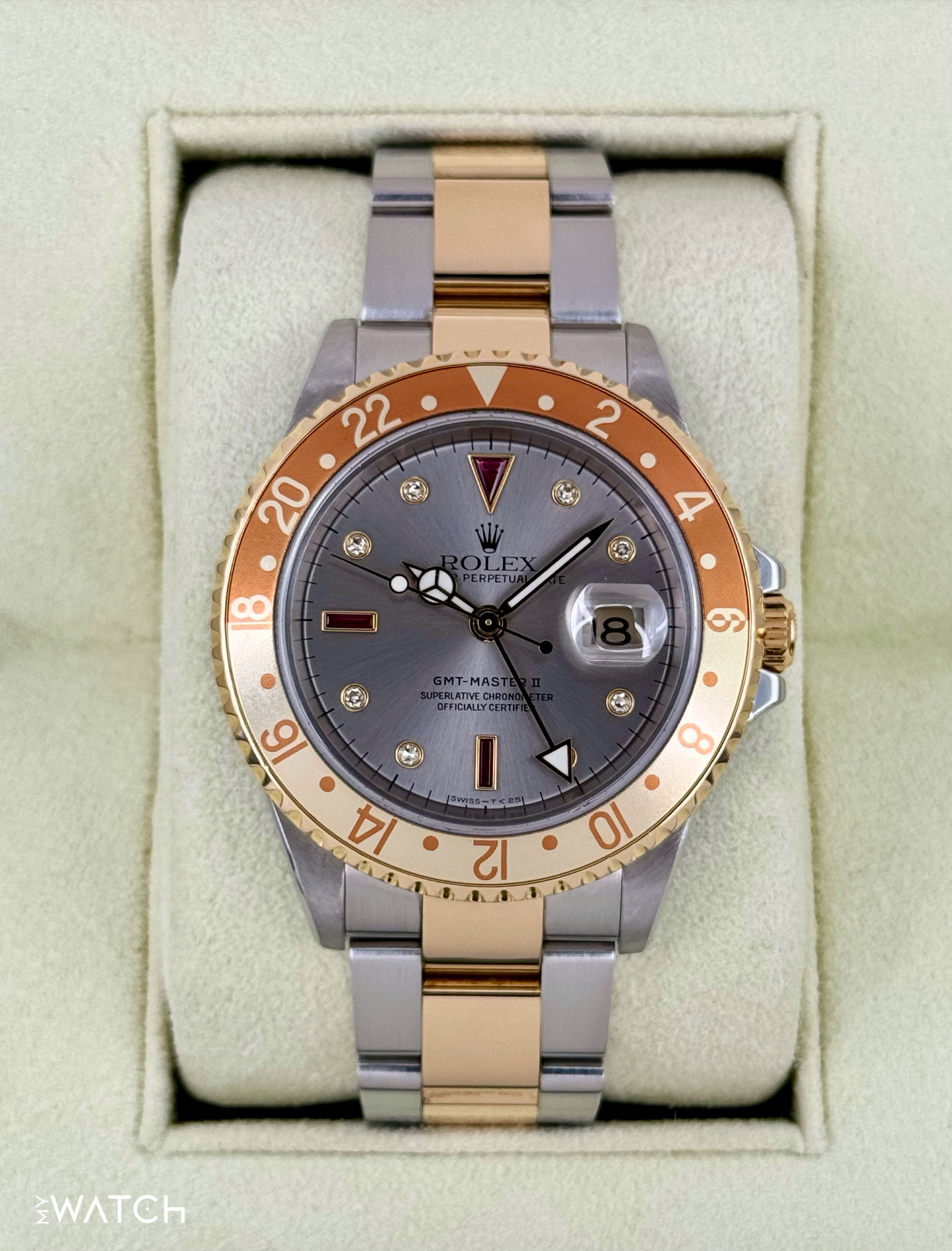 2007 Rolex GMT-Master II 40mm 16713 Slate Grey Serti Diamond Ruby Dial - MyWatchLLC