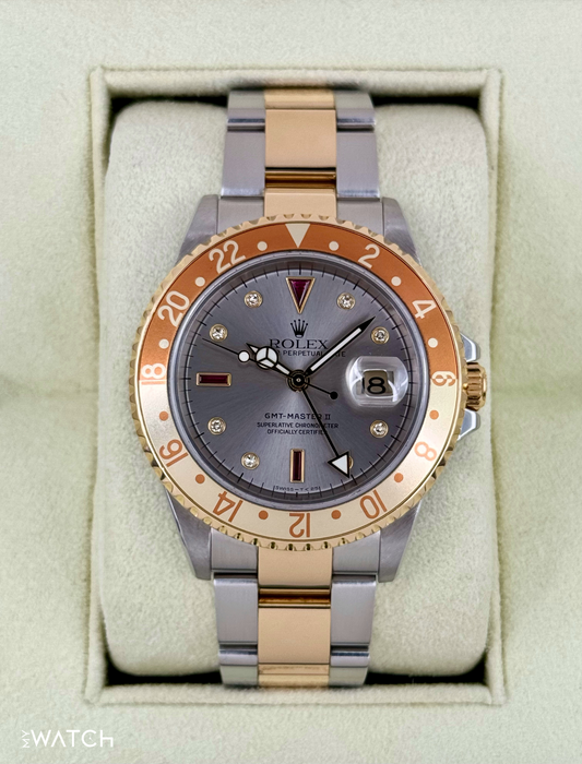 2007 Rolex GMT-Master II 40mm 16713 Slate Grey Serti Diamond Ruby Dial - MyWatchLLC