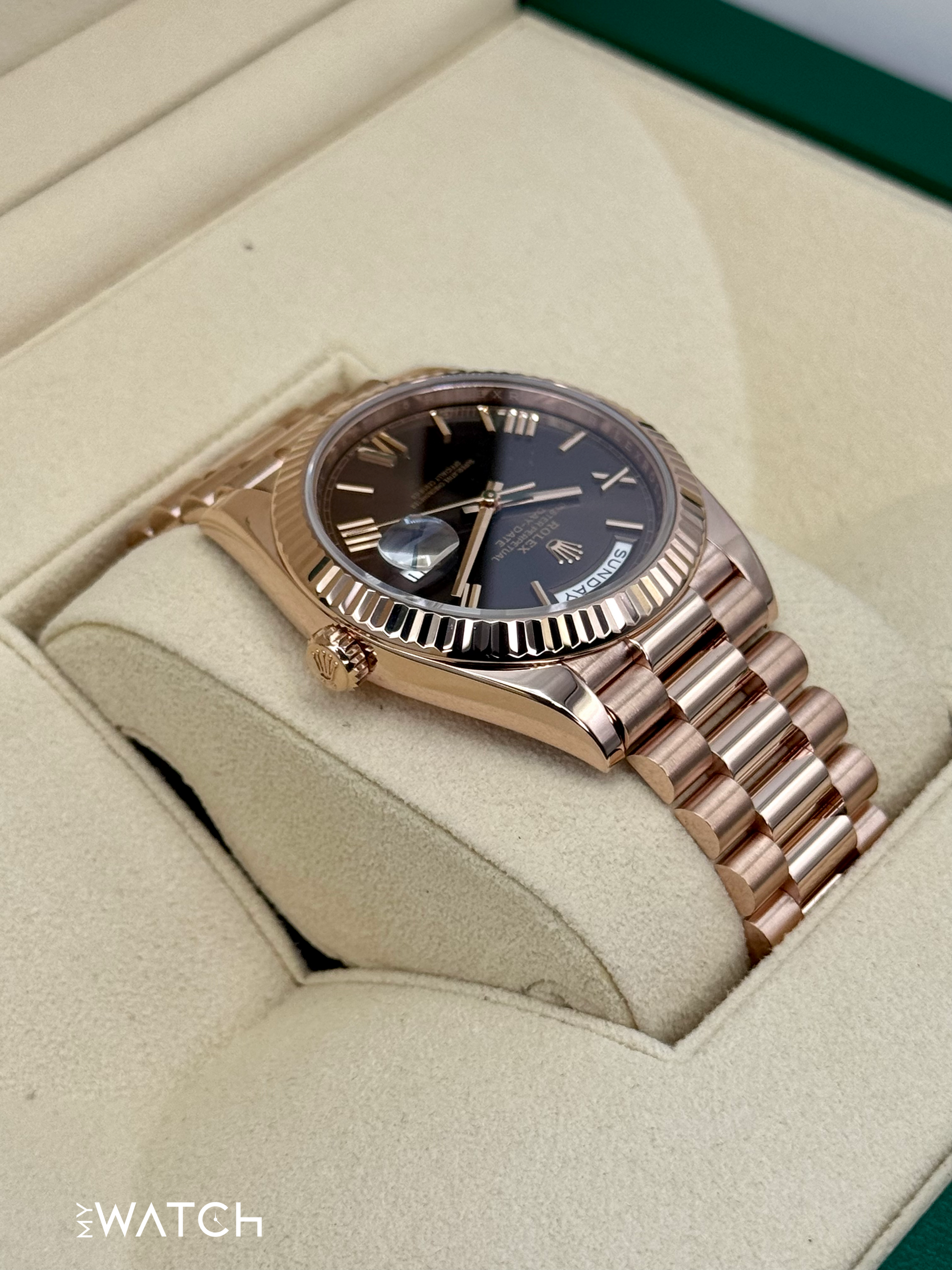 2023 Rolex Day-Date 40mm 228235 Presidential Rose Gold Chocolate Dial - MyWatchLLC