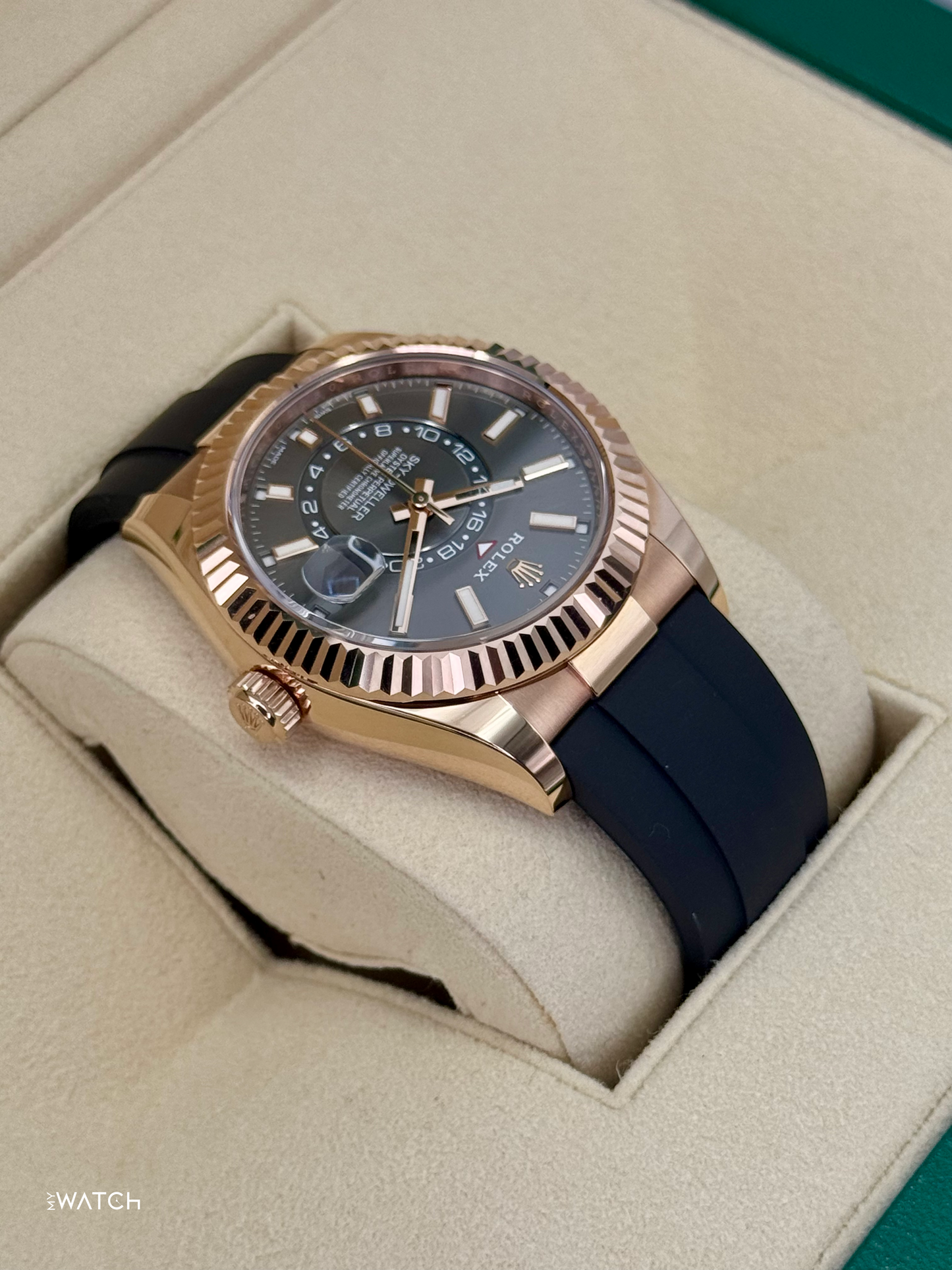 2022 Rolex Sky-Dweller 42mm 326235 Rose Gold Oysterflex Rhodium Dial - MyWatchLLC
