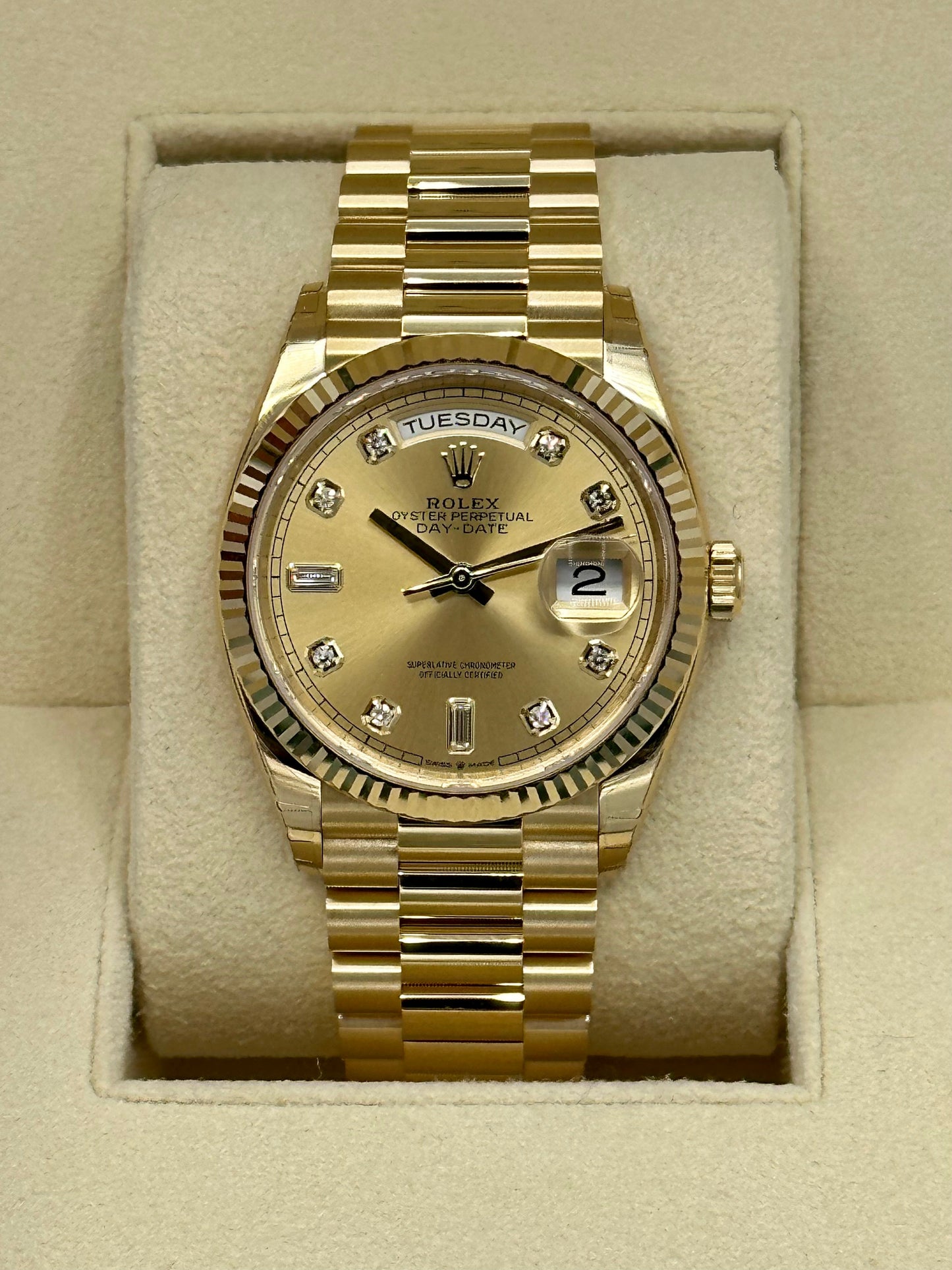 2023 Rolex Day-Date Yellow Gold Champagne Diamond Dial - MyWatchLLC
