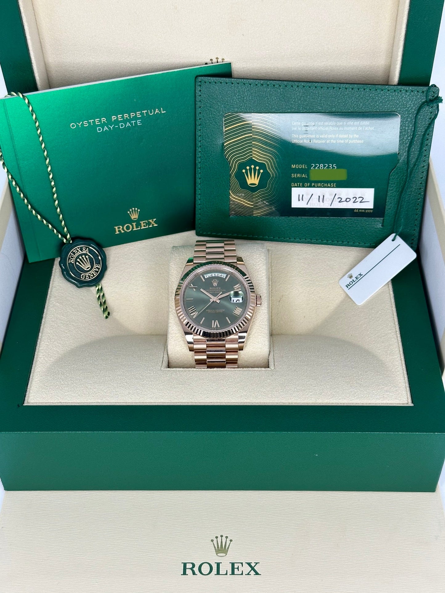 2022 Rolex Day-Date 40mm 228235 Presidential Rose Gold Olive Dial - MyWatchLLC