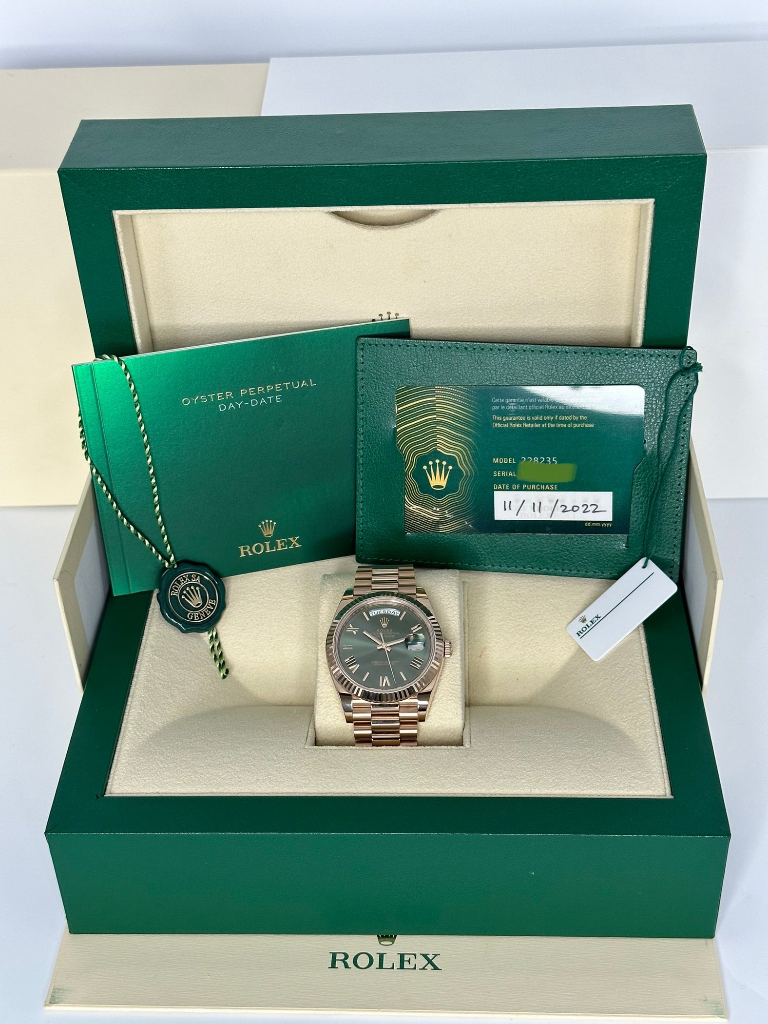 2022 Rolex Day-Date 40mm 228235 Presidential Rose Gold Olive Dial - MyWatchLLC