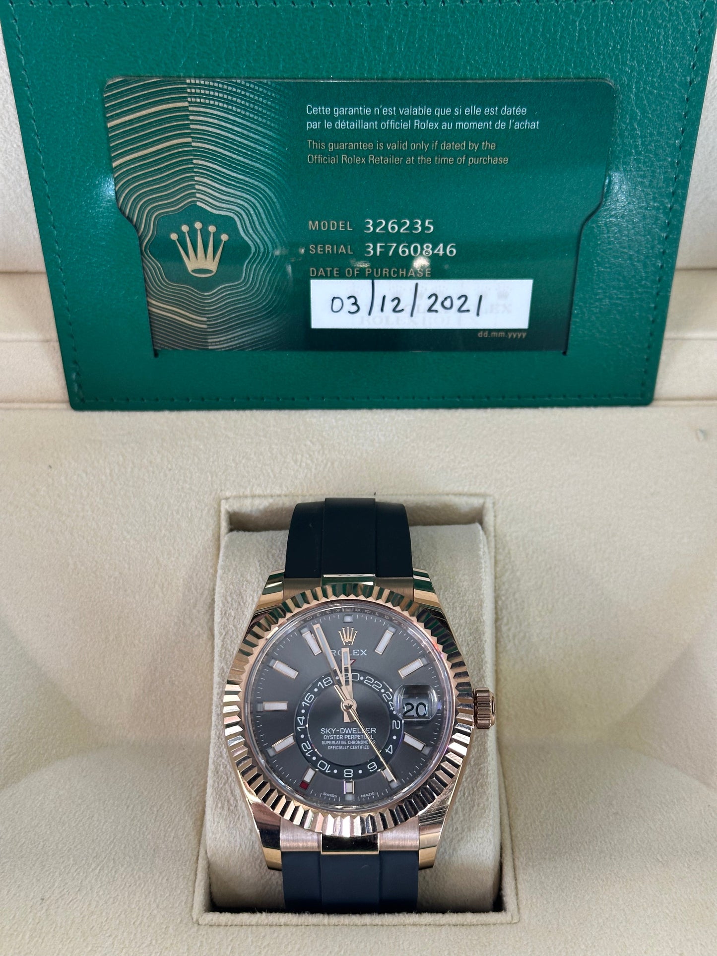 2021 Rolex Sky-Dweller 42mm 326235 Rose Gold Oysterflex Rhodium Dial - MyWatchLLC