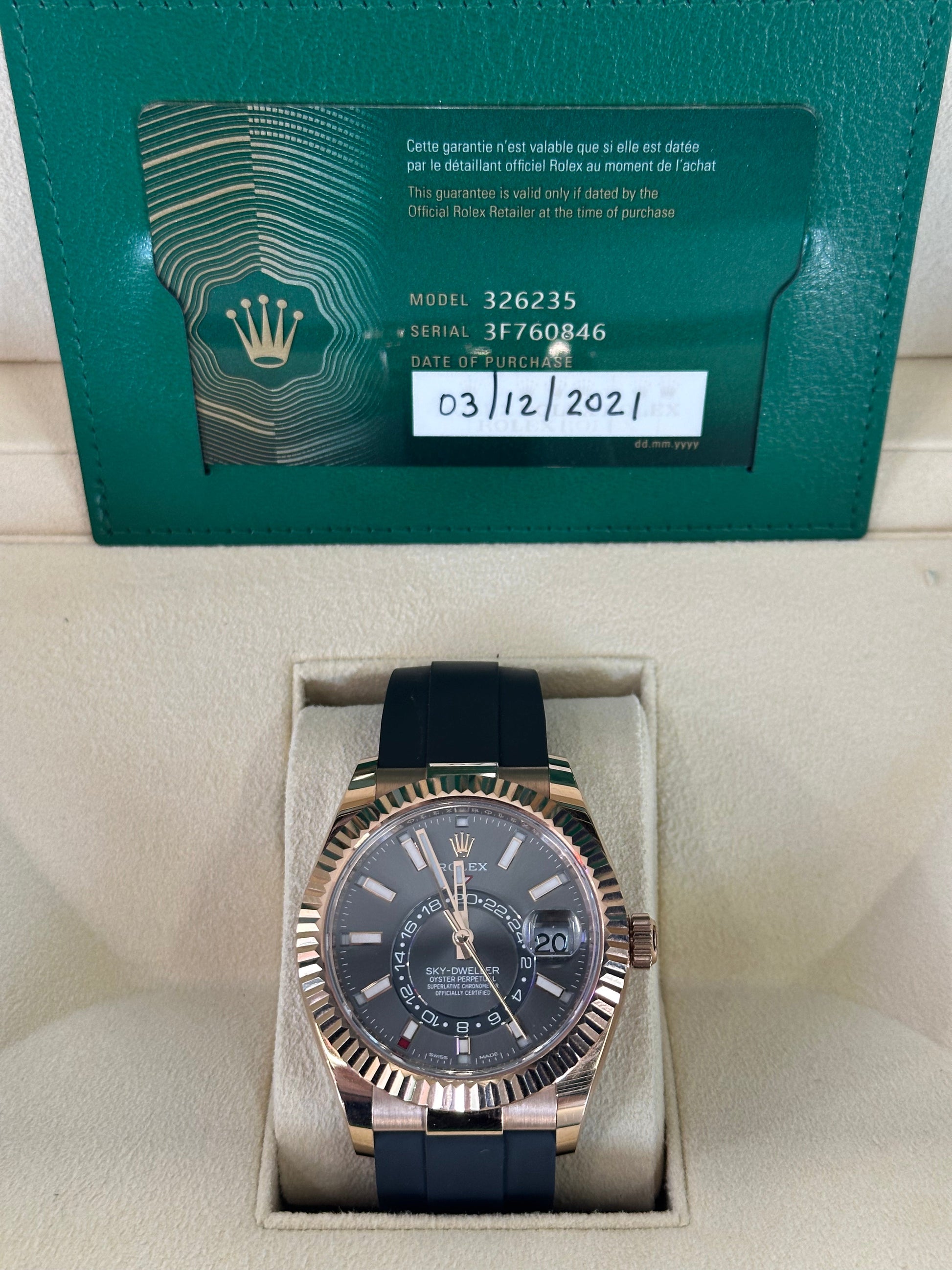 2021 Rolex Sky-Dweller 42mm 326235 Rose Gold Oysterflex Rhodium Dial - MyWatchLLC