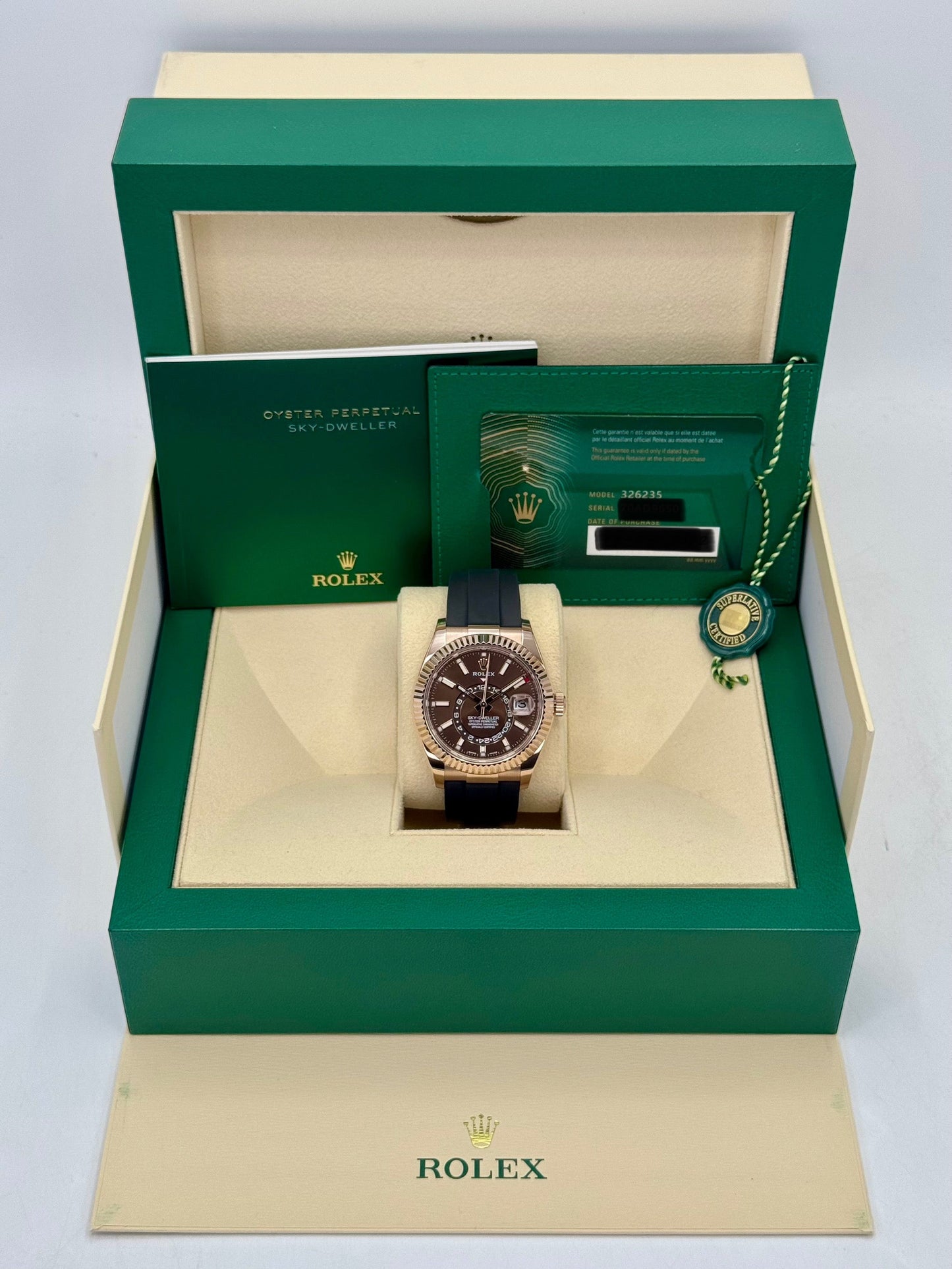 2022 Rolex Sky-Dweller 42mm 326235 Rose Gold Oysterflex Chocolate Dial - MyWatchLLC