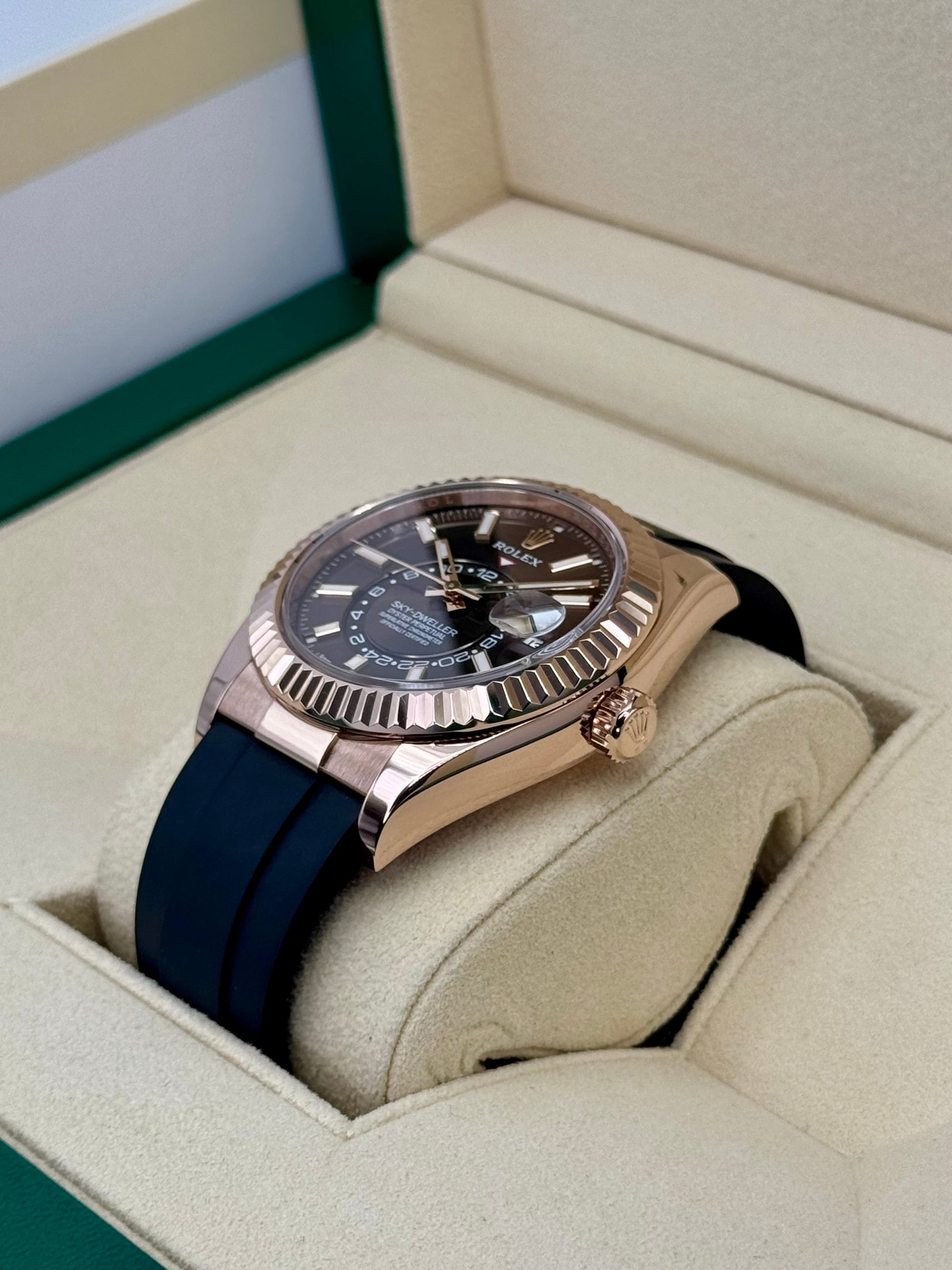 2022 Rolex Sky-Dweller 42mm 326235 Rose Gold Oysterflex Chocolate Dial - MyWatchLLC