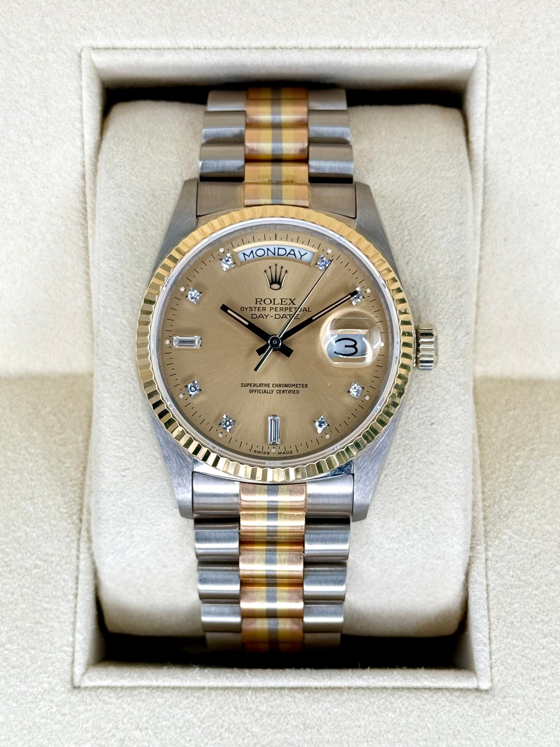 1985 Day-Date Rolex Tridor 36mm 18039B Jubilee Champagne Diamond Dial - MyWatchLLC