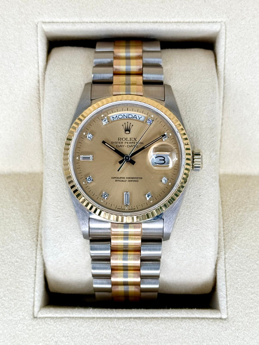 1985 Day-Date Rolex Tridor 36mm 18039B Jubilee Champagne Diamond Dial - MyWatchLLC