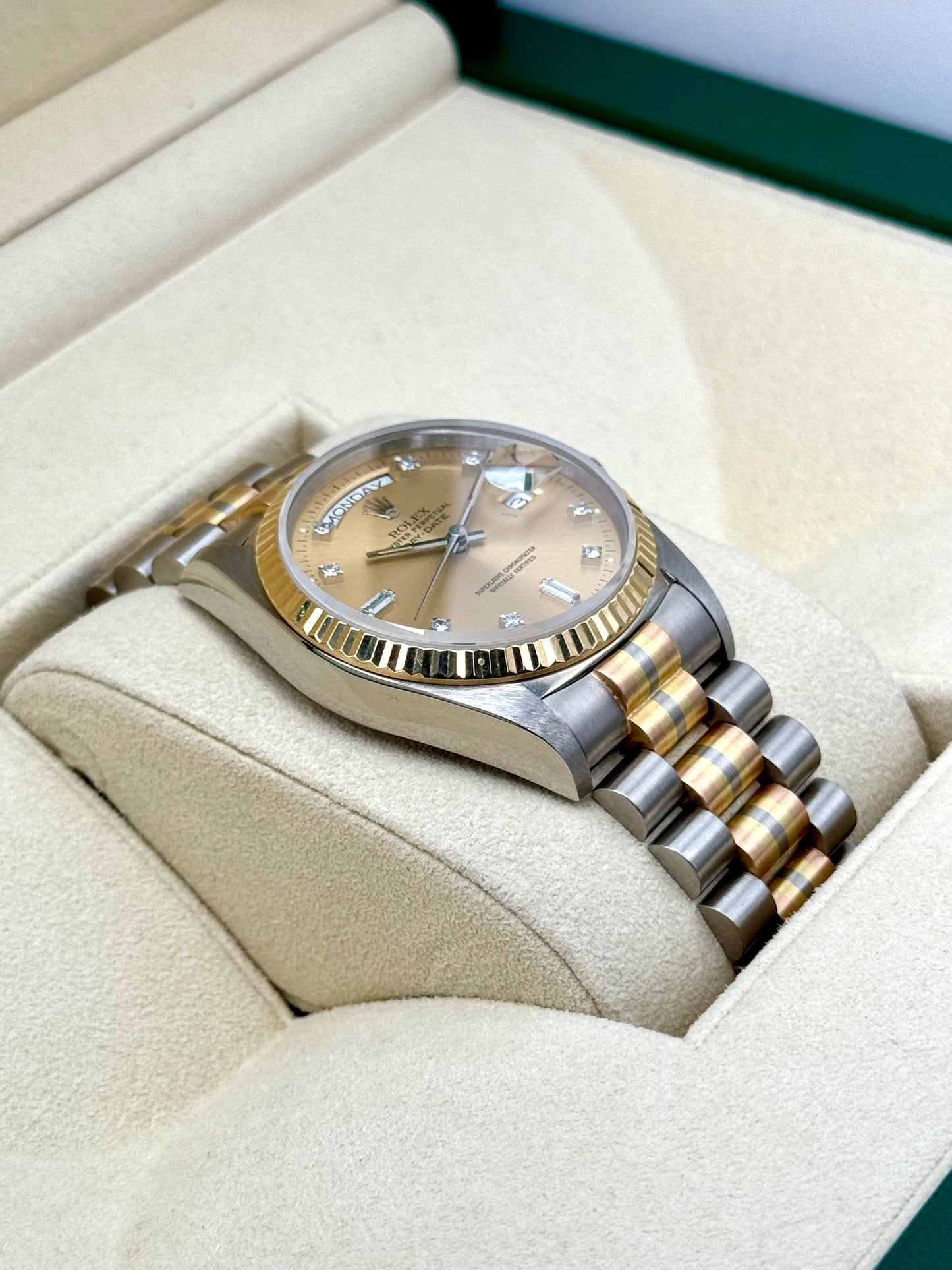 1985 Day-Date Rolex Tridor 36mm 18039B Jubilee Champagne Diamond Dial - MyWatchLLC