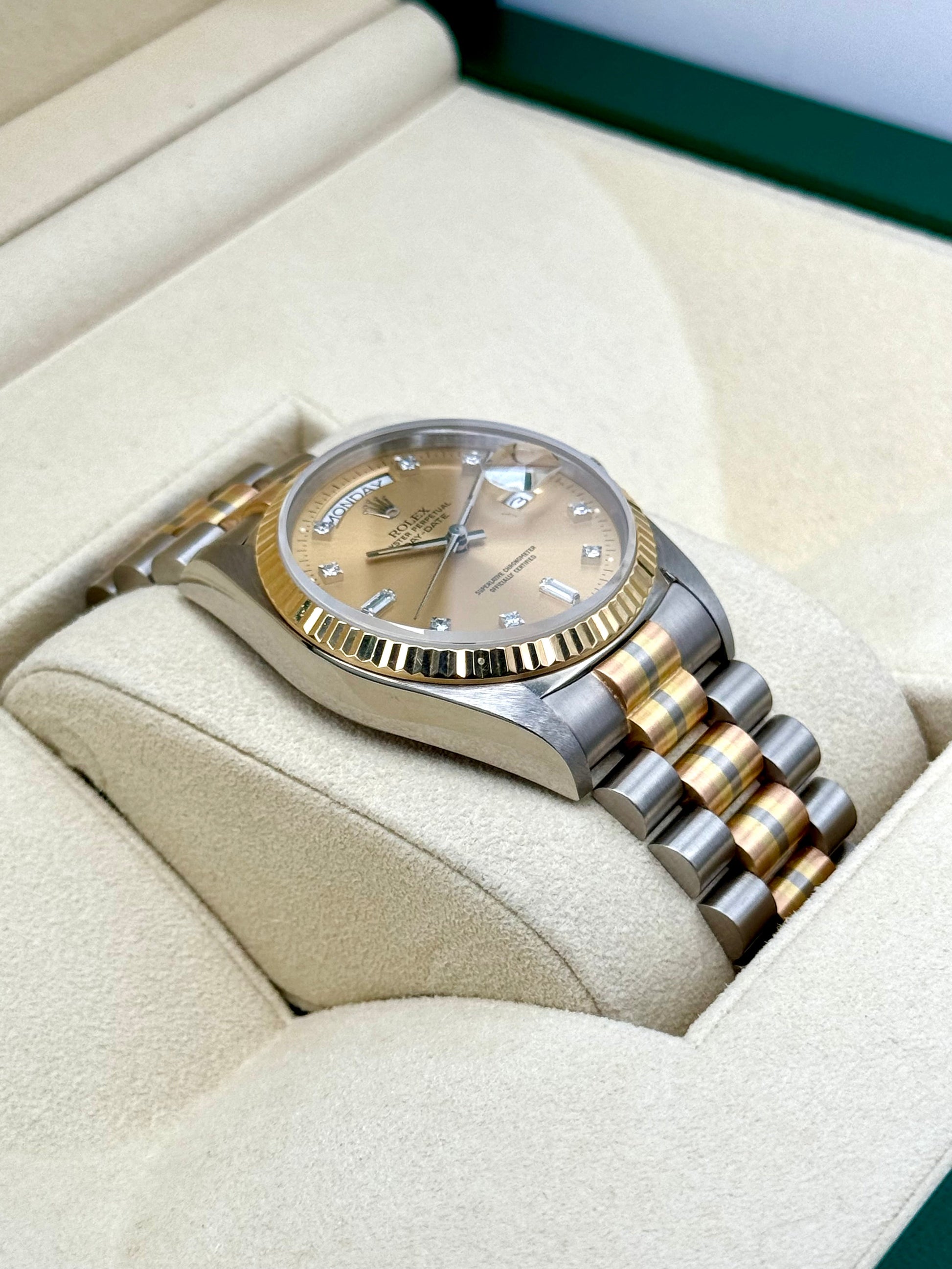 1985 Day-Date Rolex Tridor 36mm 18039B Jubilee Champagne Diamond Dial - MyWatchLLC