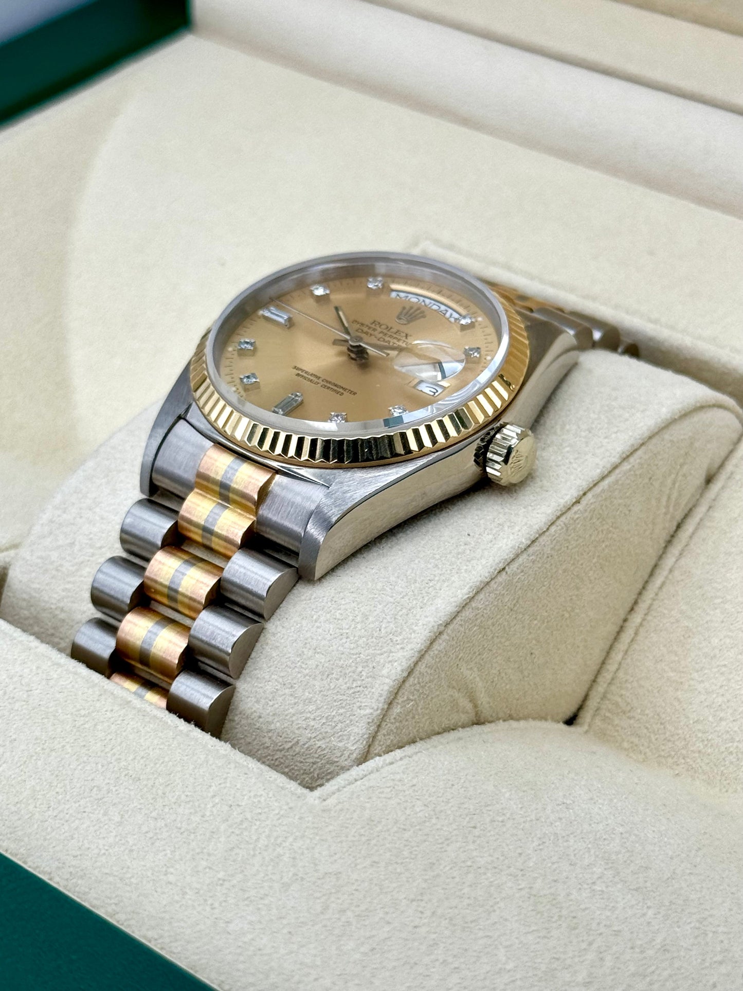 1985 Day-Date Rolex Tridor 36mm 18039B Jubilee Champagne Diamond Dial - MyWatchLLC