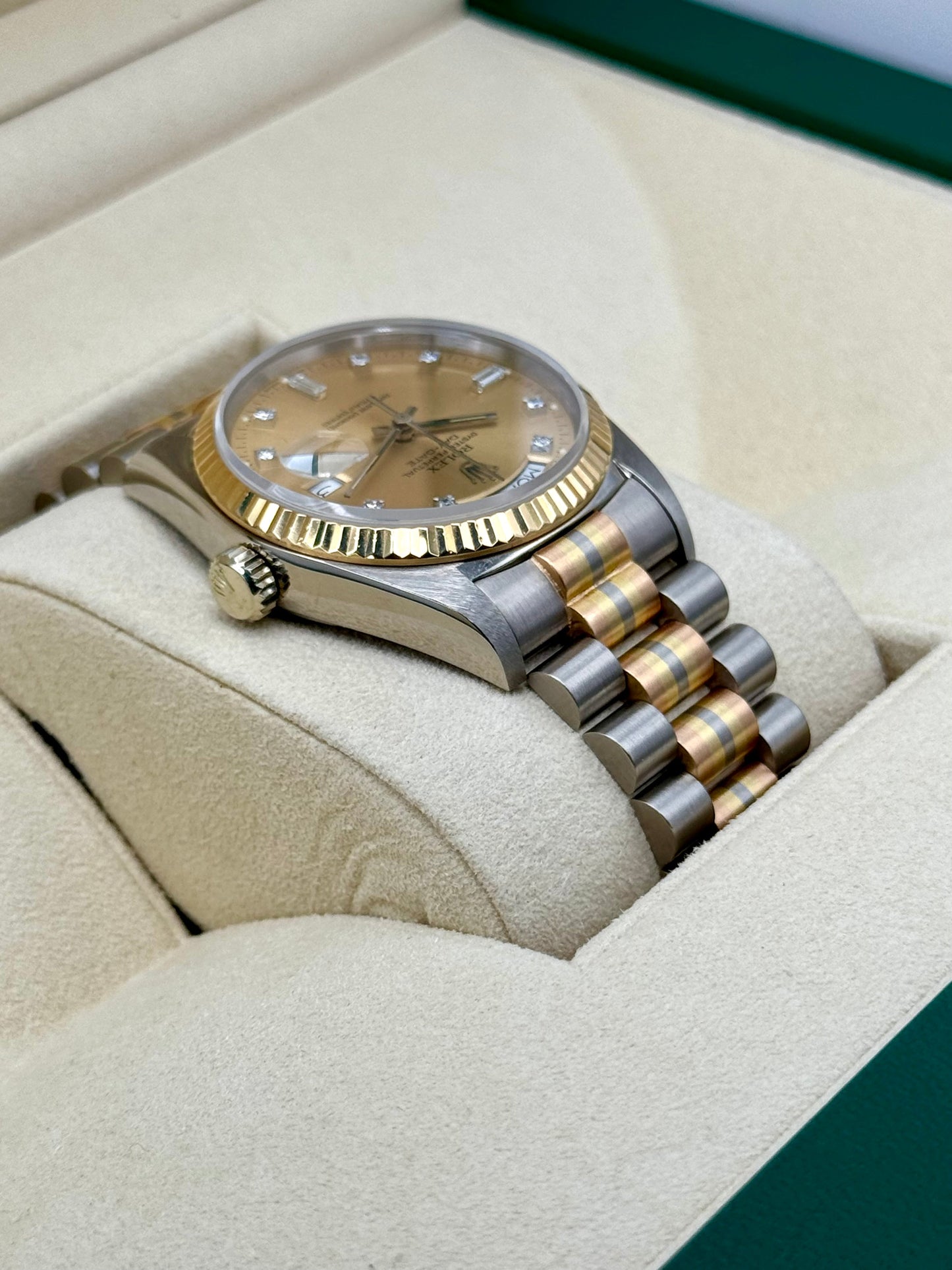 1985 Day-Date Rolex Tridor 36mm 18039B Jubilee Champagne Diamond Dial - MyWatchLLC