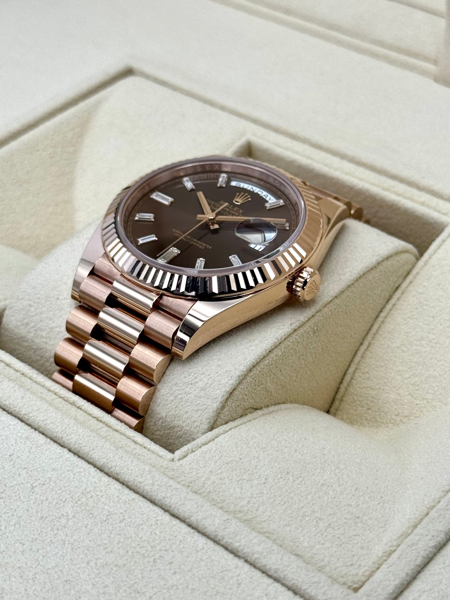 NEW Rolex Day-Date 40mm 228235 Rose Gold Chocolate Baguette Dial - MyWatchLLC