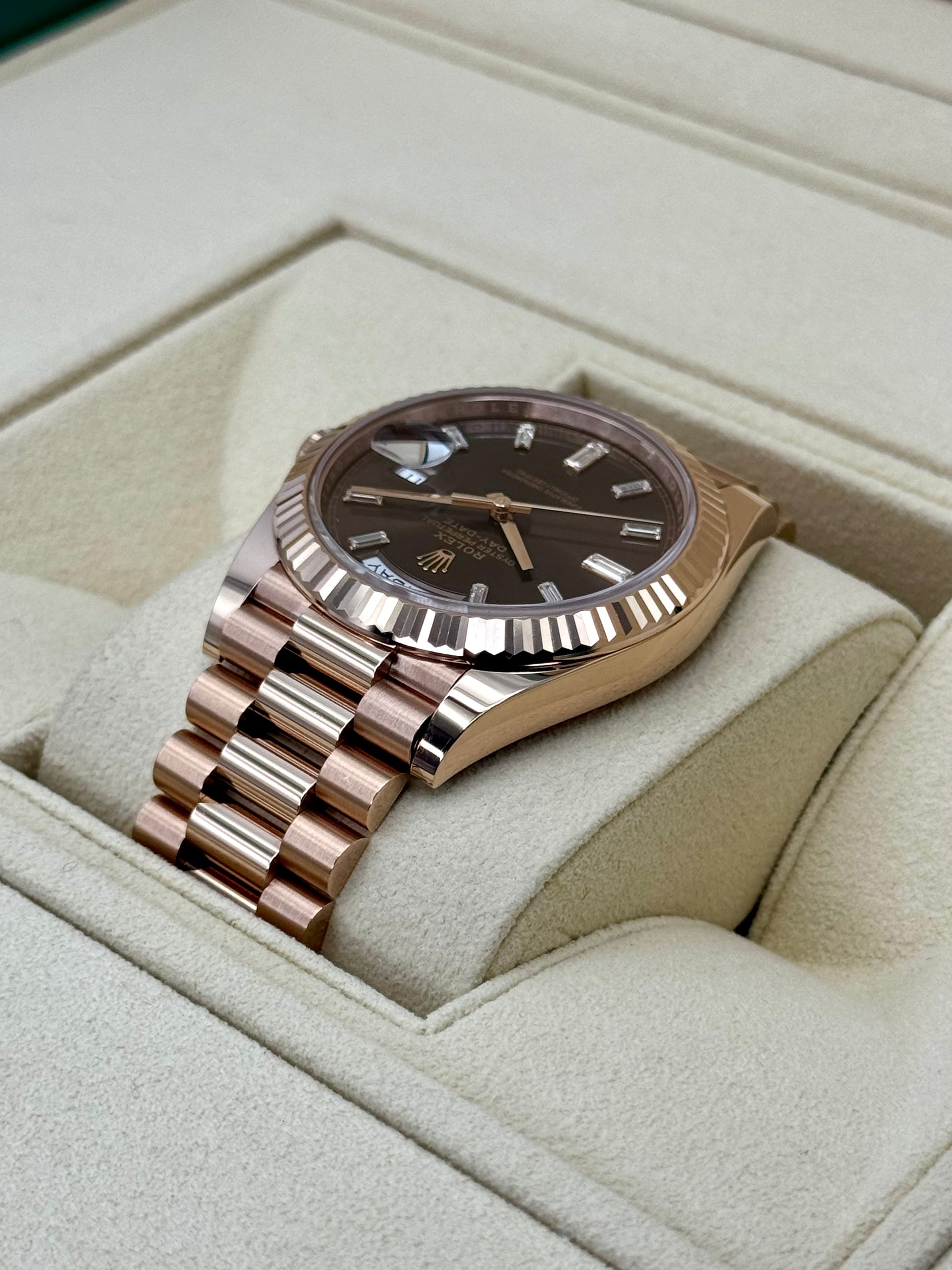 NEW Rolex Day-Date 40mm 228235 Rose Gold Chocolate Baguette Dial - MyWatchLLC