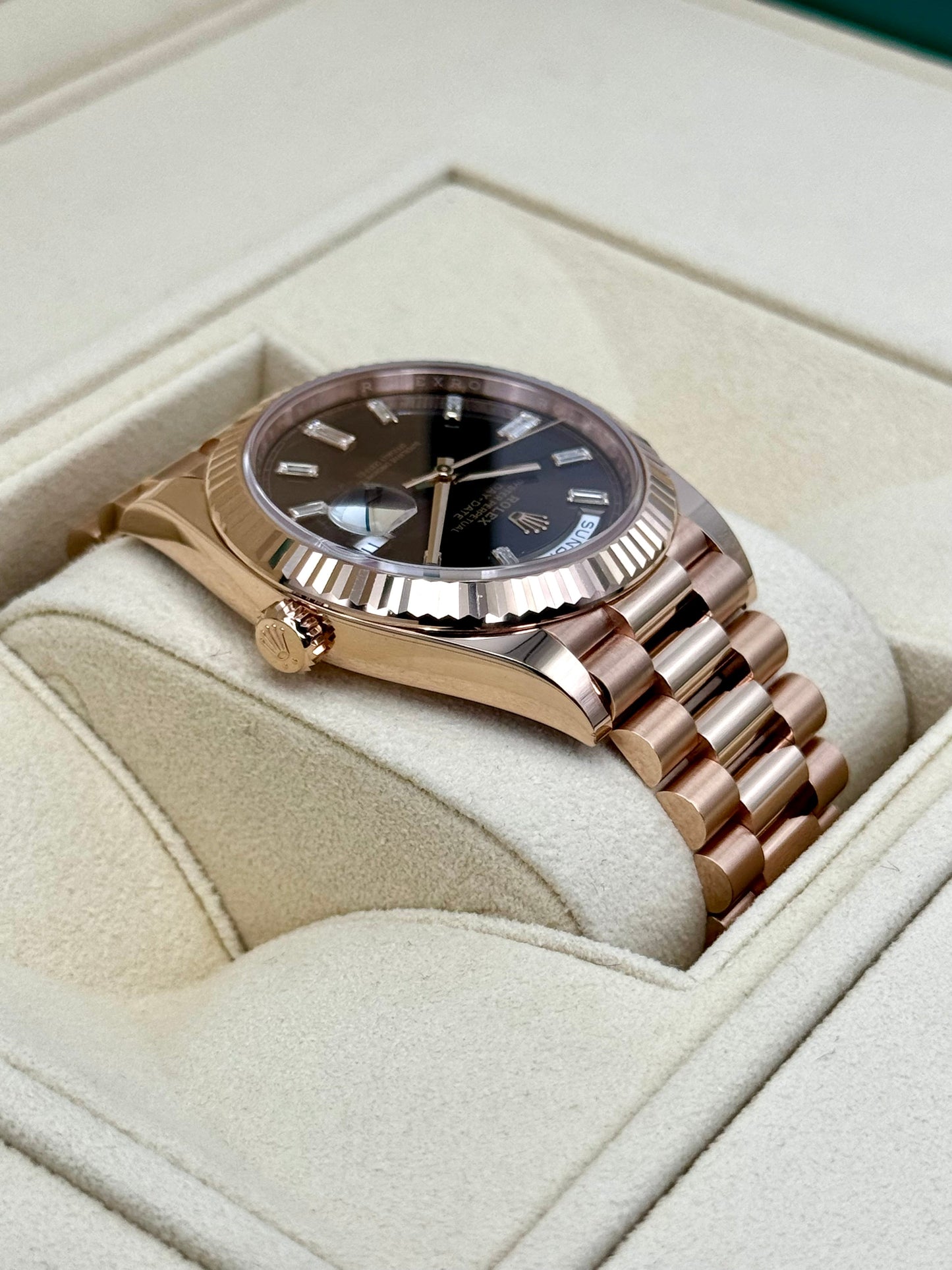 NEW Rolex Day-Date 40mm 228235 Rose Gold Chocolate Baguette Dial - MyWatchLLC