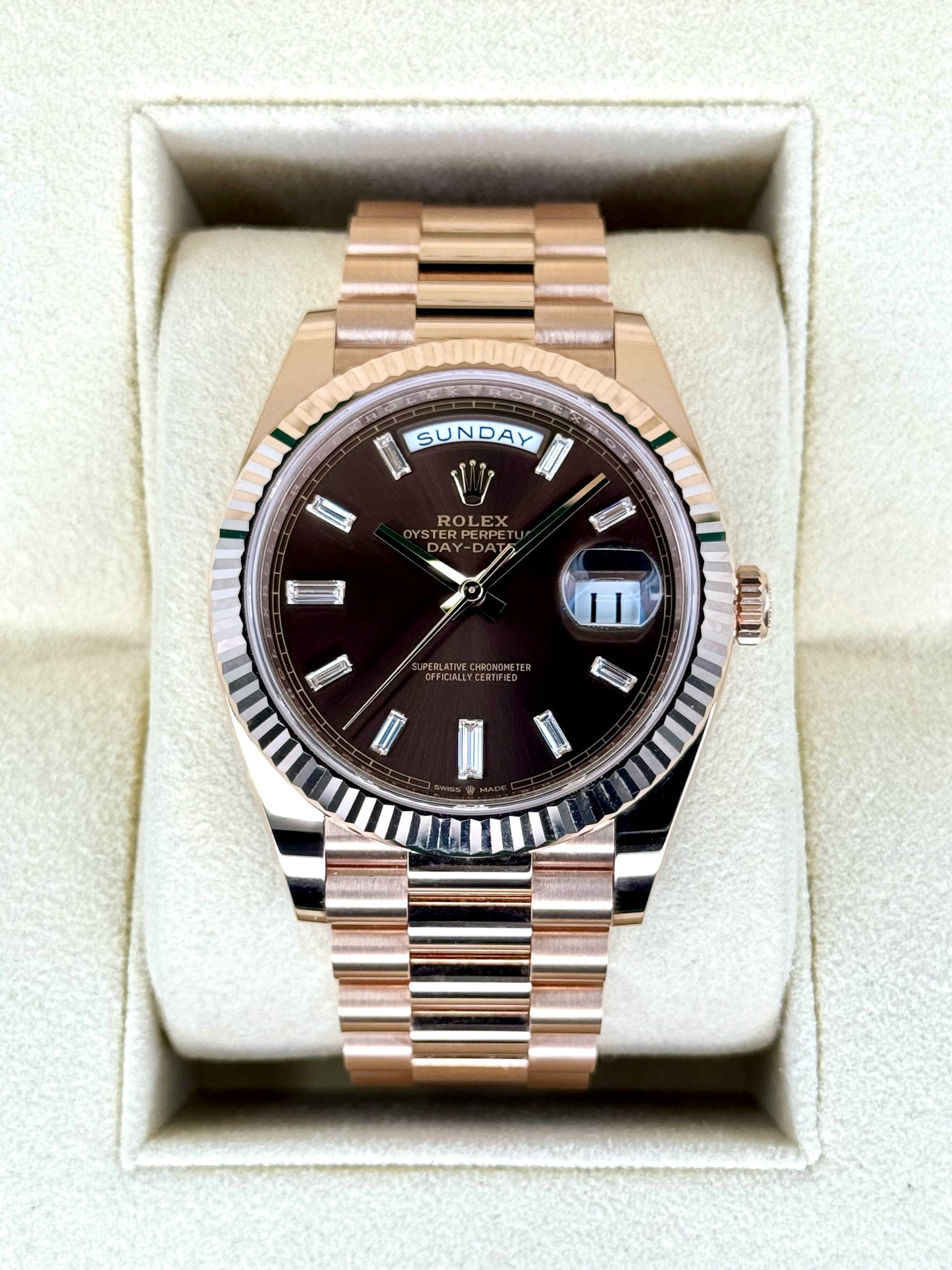 NEW Rolex Day-Date 40mm 228235 Rose Gold Chocolate Baguette Dial - MyWatchLLC