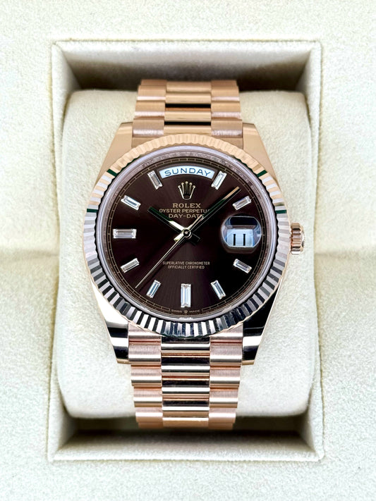 NEW Rolex Day-Date 40mm 228235 Rose Gold Chocolate Baguette Dial - MyWatchLLC