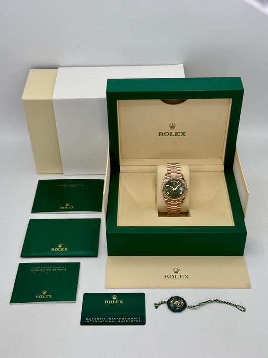 2022 Rolex Day-Date 40mm 228235 Rose Gold Olive Dial Arabic Calendar - MyWatchLLC