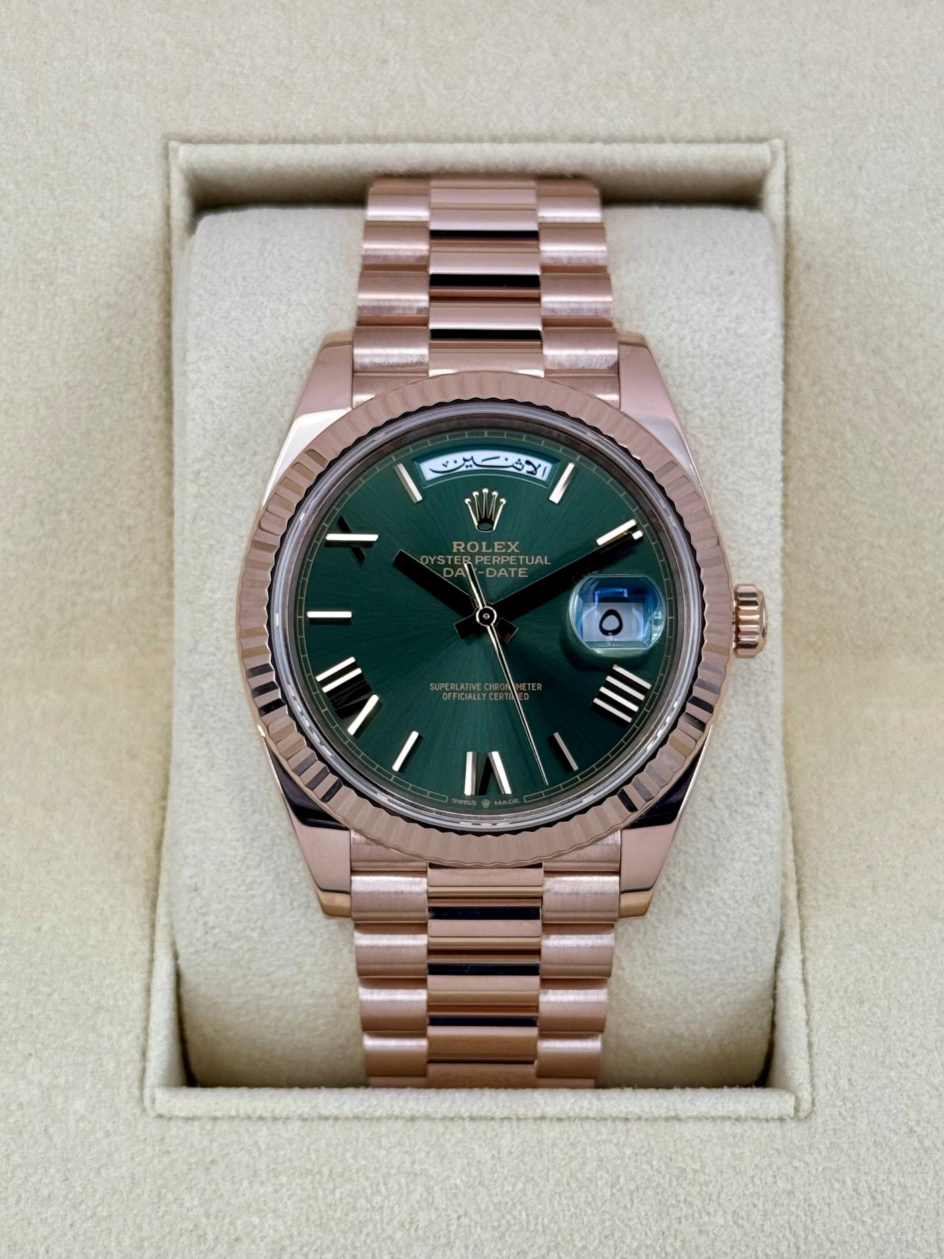 2022 Rolex Day-Date 40mm 228235 Rose Gold Olive Dial Arabic Calendar - MyWatchLLC