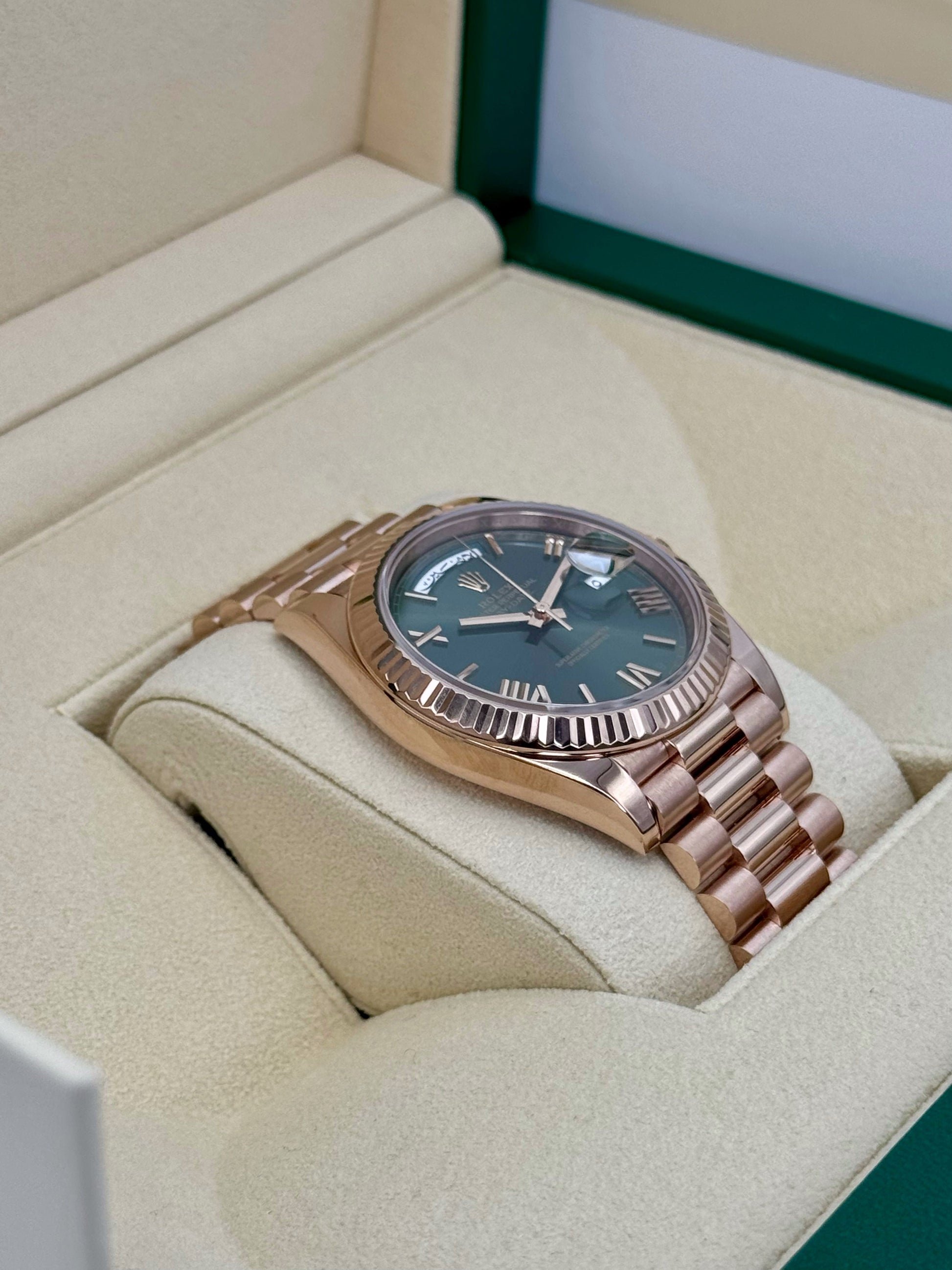 2022 Rolex Day-Date 40mm 228235 Rose Gold Olive Dial Arabic Calendar - MyWatchLLC
