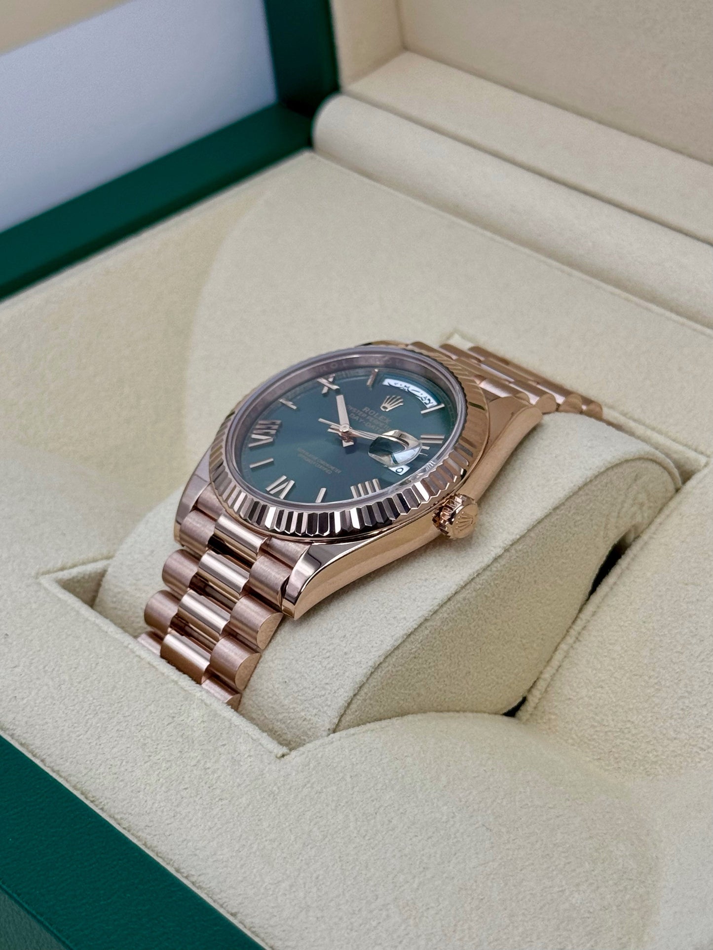 2022 Rolex Day-Date 40mm 228235 Rose Gold Olive Dial Arabic Calendar - MyWatchLLC