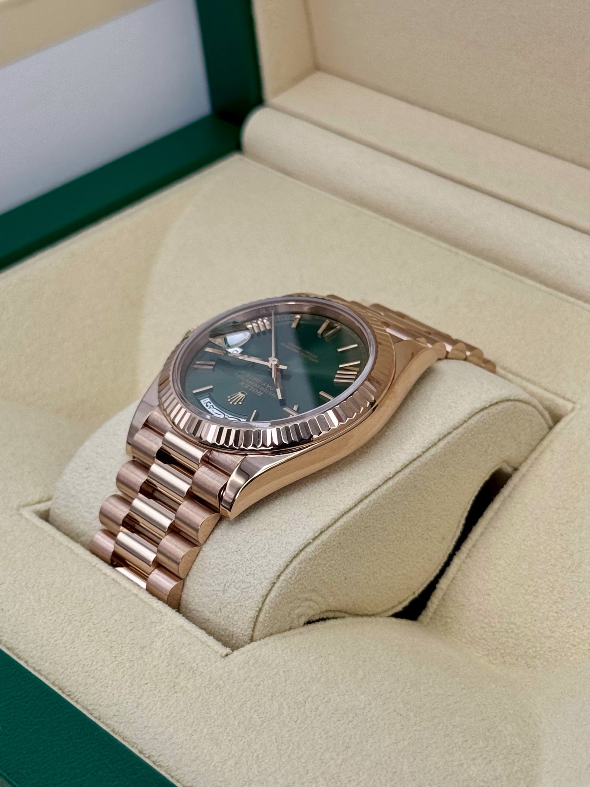 2022 Rolex Day-Date 40mm 228235 Rose Gold Olive Dial Arabic Calendar - MyWatchLLC