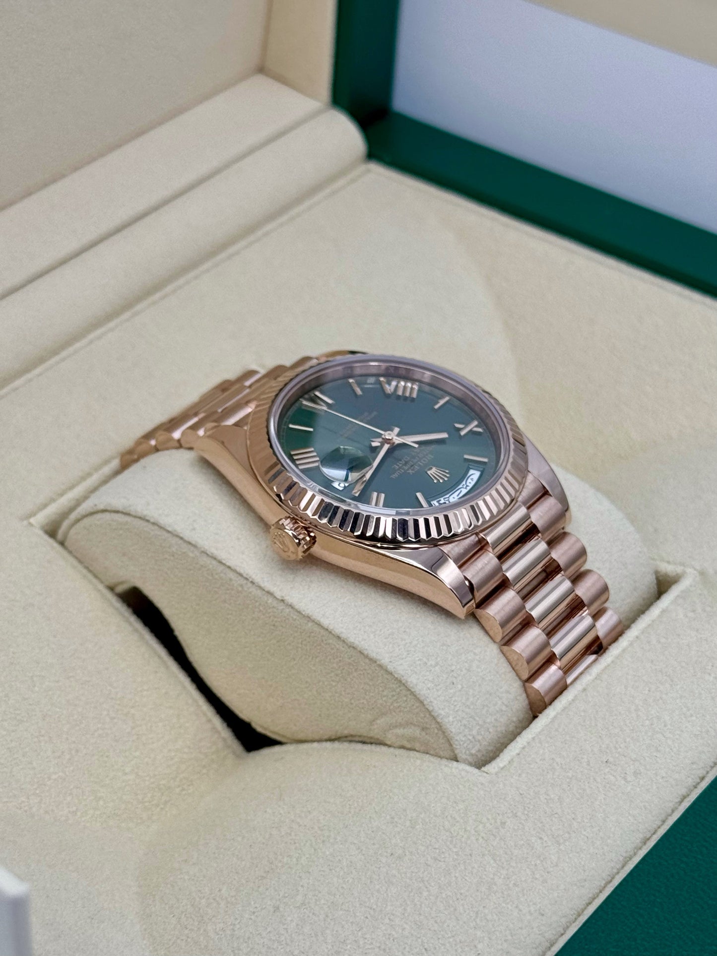 2022 Rolex Day-Date 40mm 228235 Rose Gold Olive Dial Arabic Calendar - MyWatchLLC