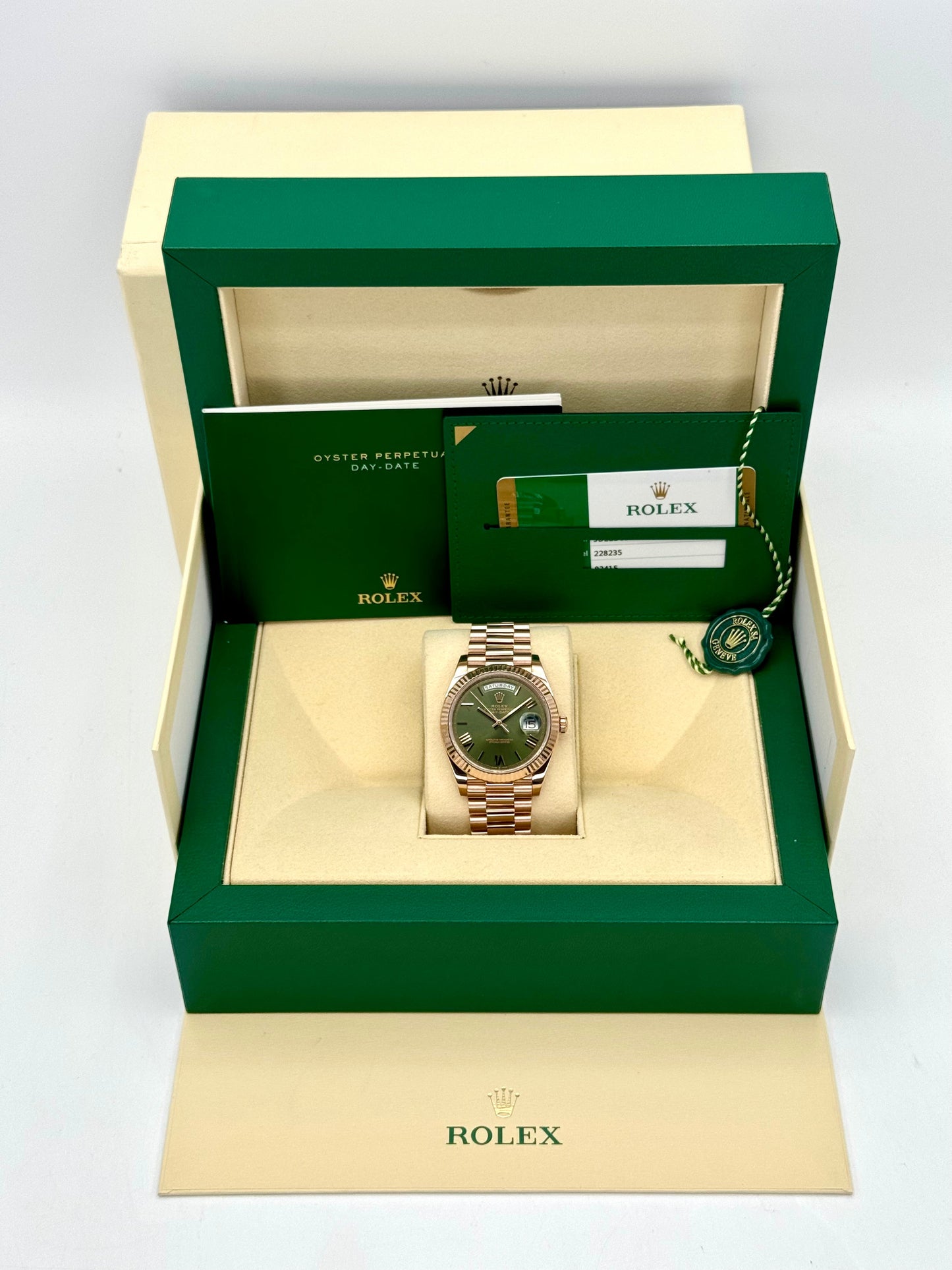 2019 Rolex Day-Date 40mm 228235 Presidential Rose Gold Olive Dial - MyWatchLLC