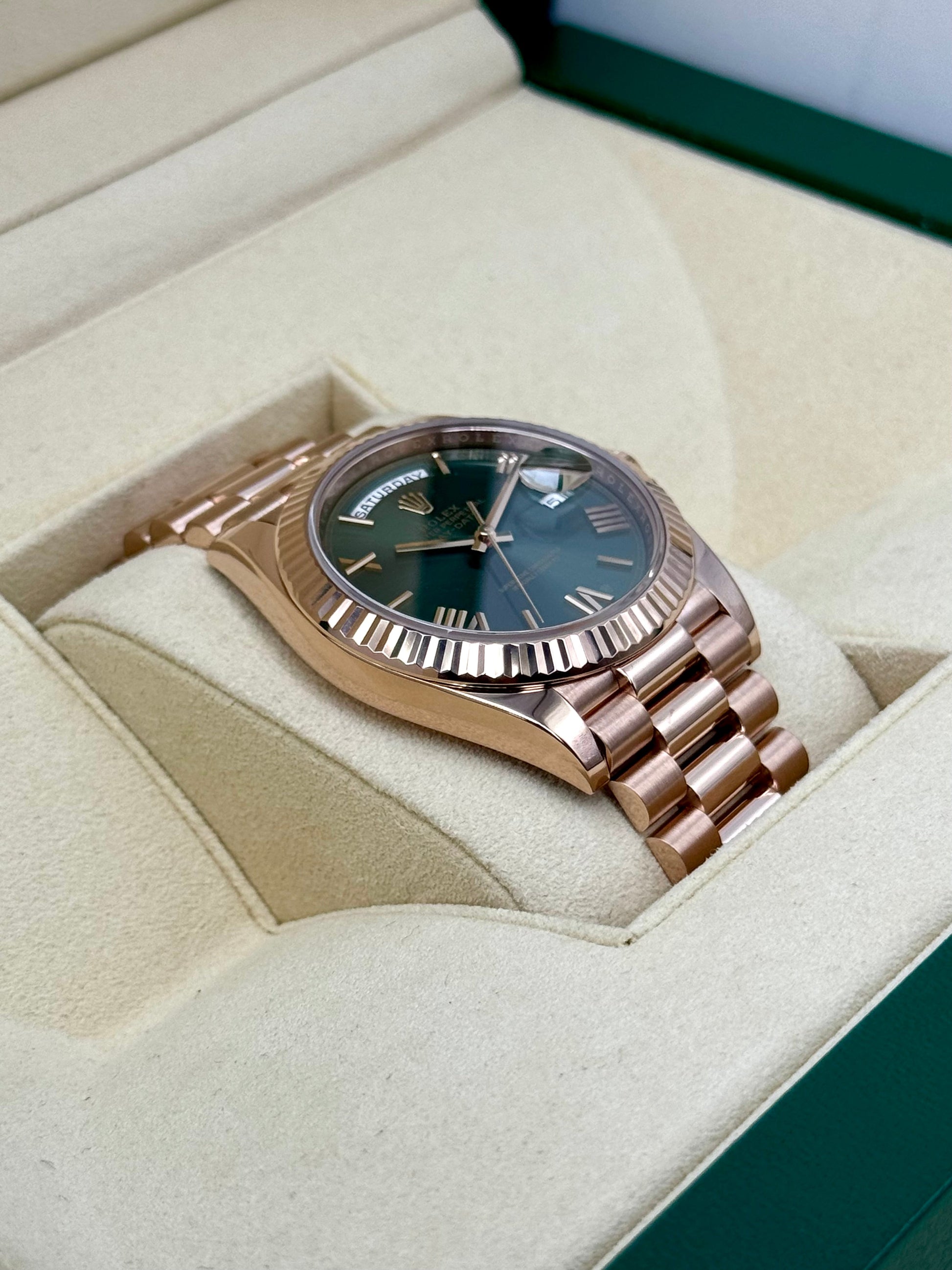 2019 Rolex Day-Date 40mm 228235 Presidential Rose Gold Olive Dial - MyWatchLLC