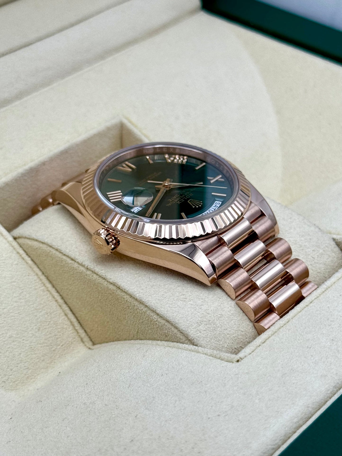 2019 Rolex Day-Date 40mm 228235 Presidential Rose Gold Olive Dial - MyWatchLLC