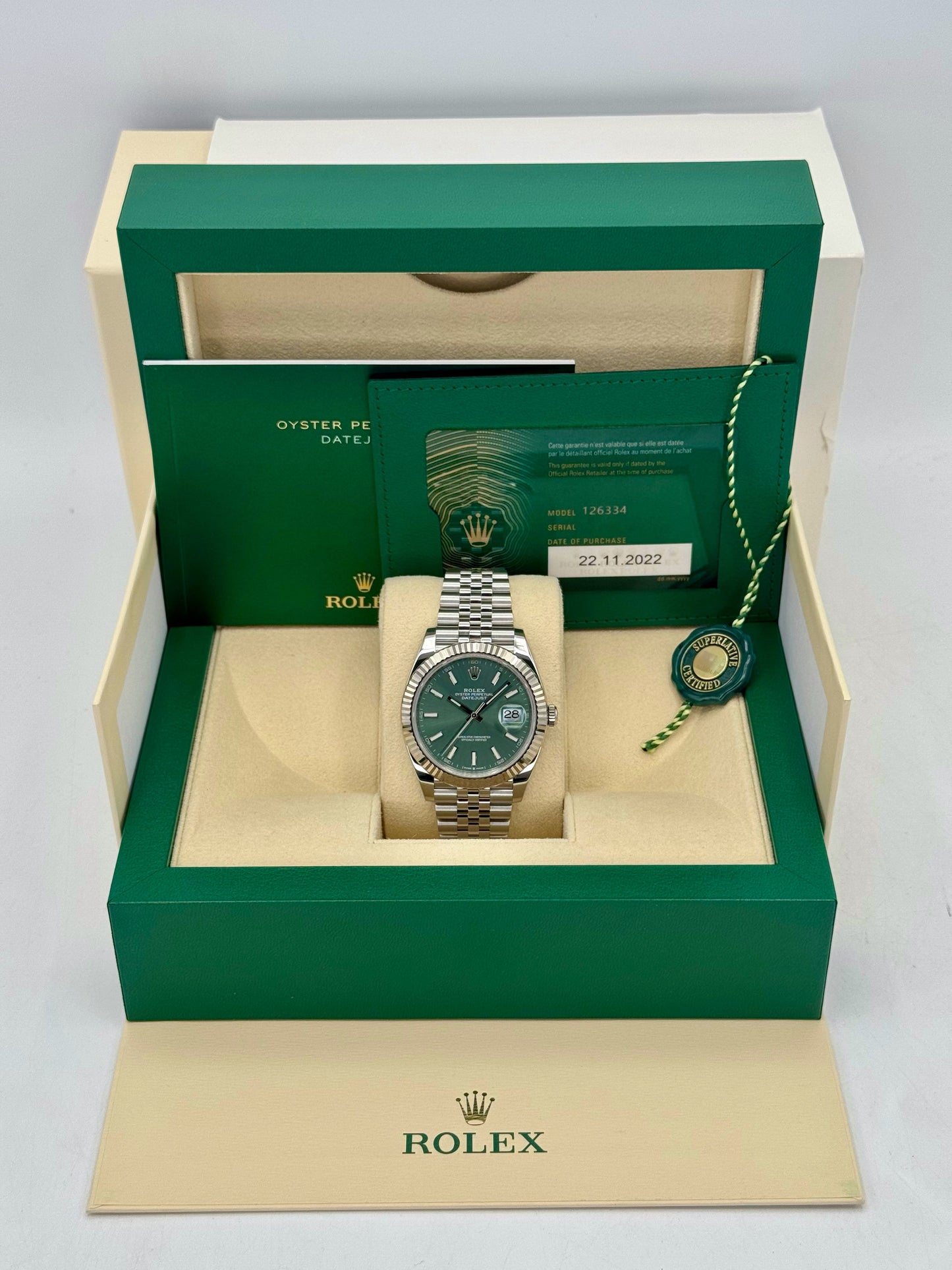2022 Rolex Datejust 41mm 126334 Stainless Steel Jubilee Green Dial - MyWatchLLC