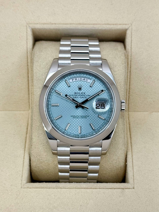 2018 Rolex Day-Date 40mm 228206 Platinum Blue Motif Dial - MyWatchLLC