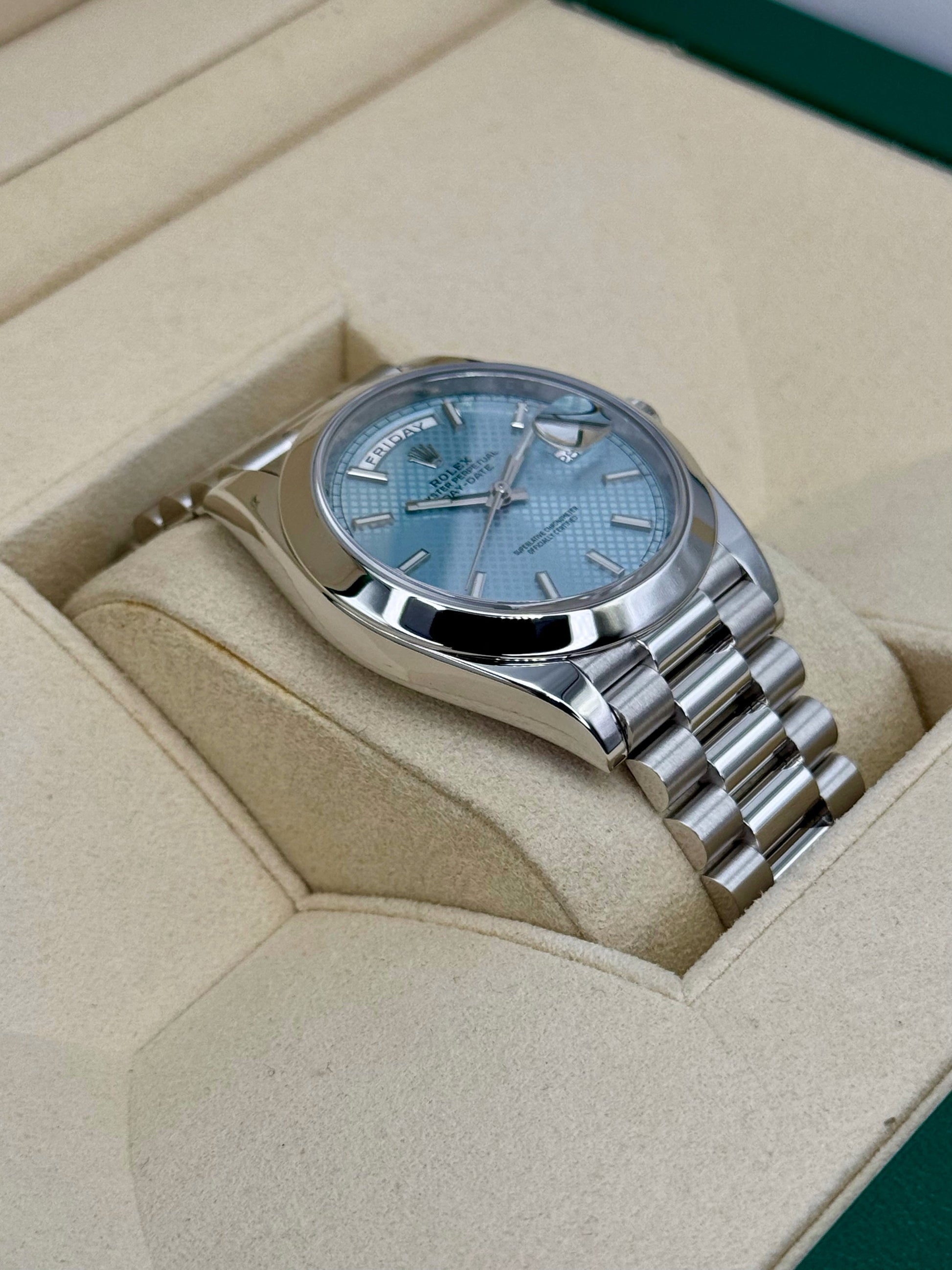 2018 Rolex Day-Date 40mm 228206 Platinum Blue Motif Dial - MyWatchLLC