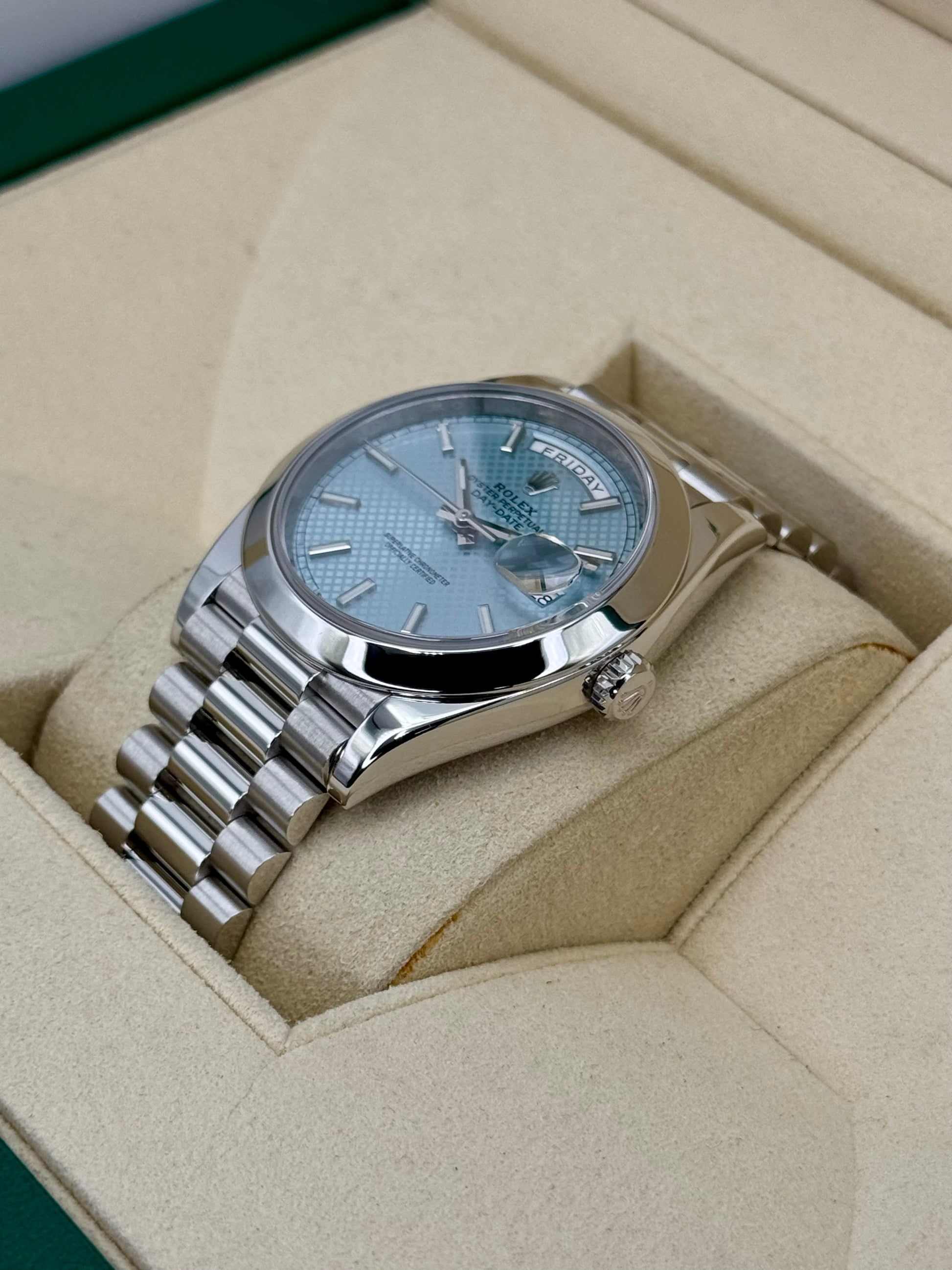 2018 Rolex Day-Date 40mm 228206 Platinum Blue Motif Dial - MyWatchLLC