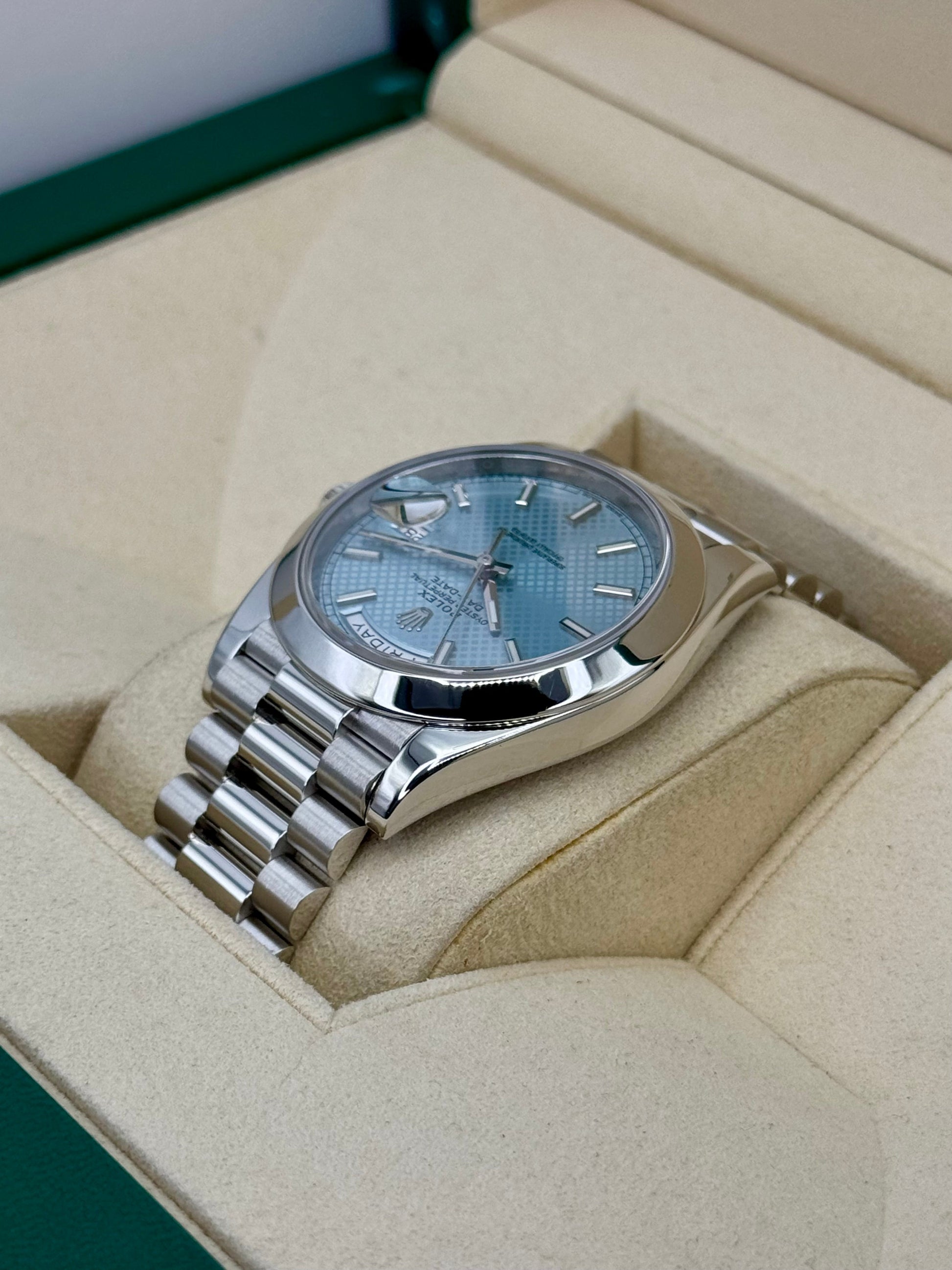 2018 Rolex Day-Date 40mm 228206 Platinum Blue Motif Dial - MyWatchLLC