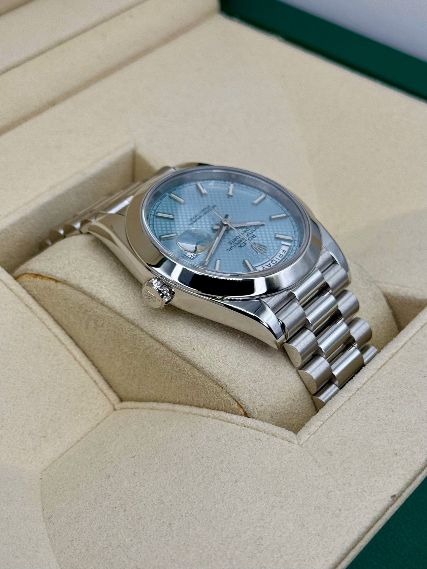 2018 Rolex Day-Date 40mm 228206 Platinum Blue Motif Dial - MyWatchLLC