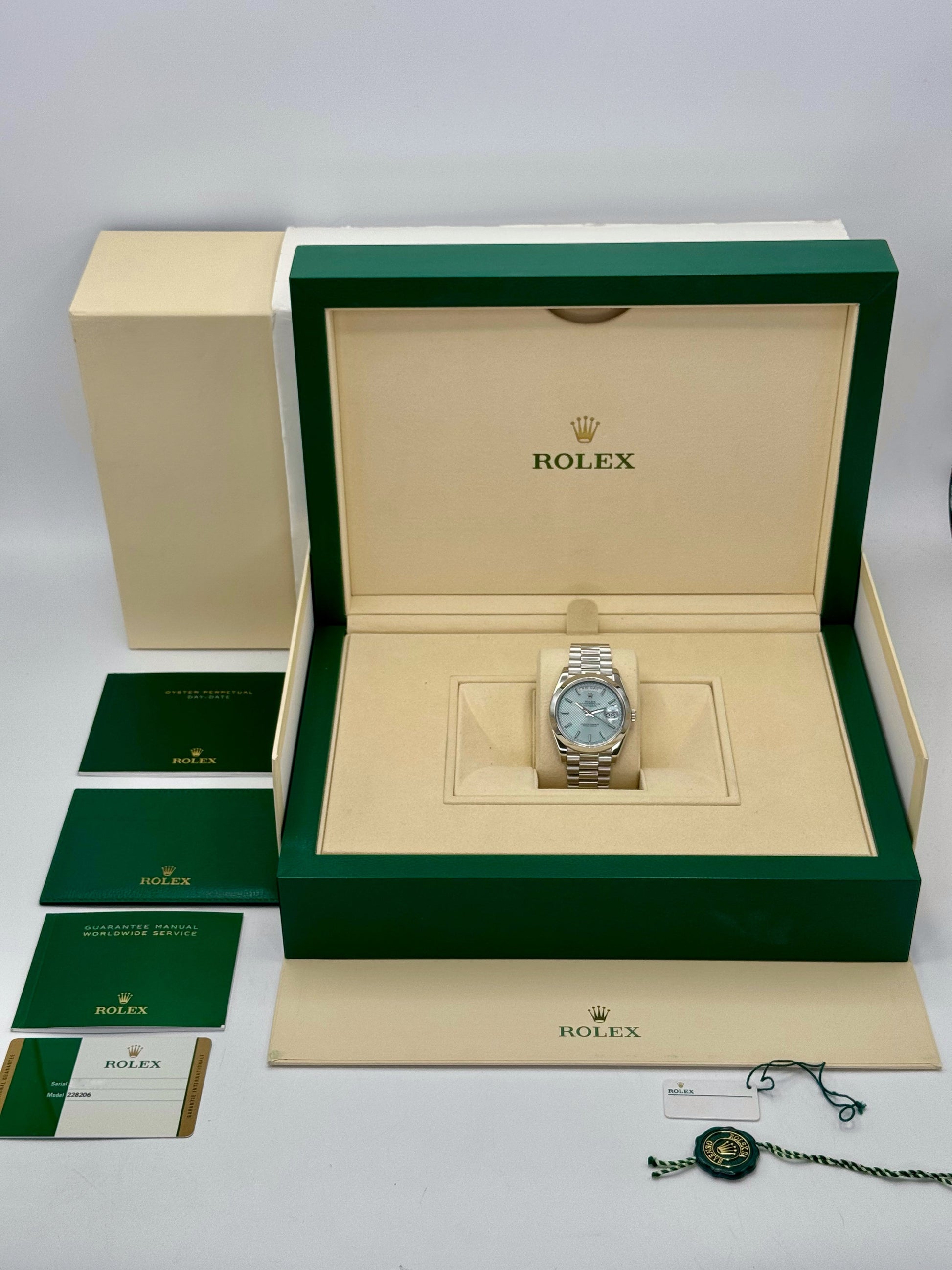 2018 Rolex Day-Date 40mm 228206 Platinum Blue Motif Dial - MyWatchLLC