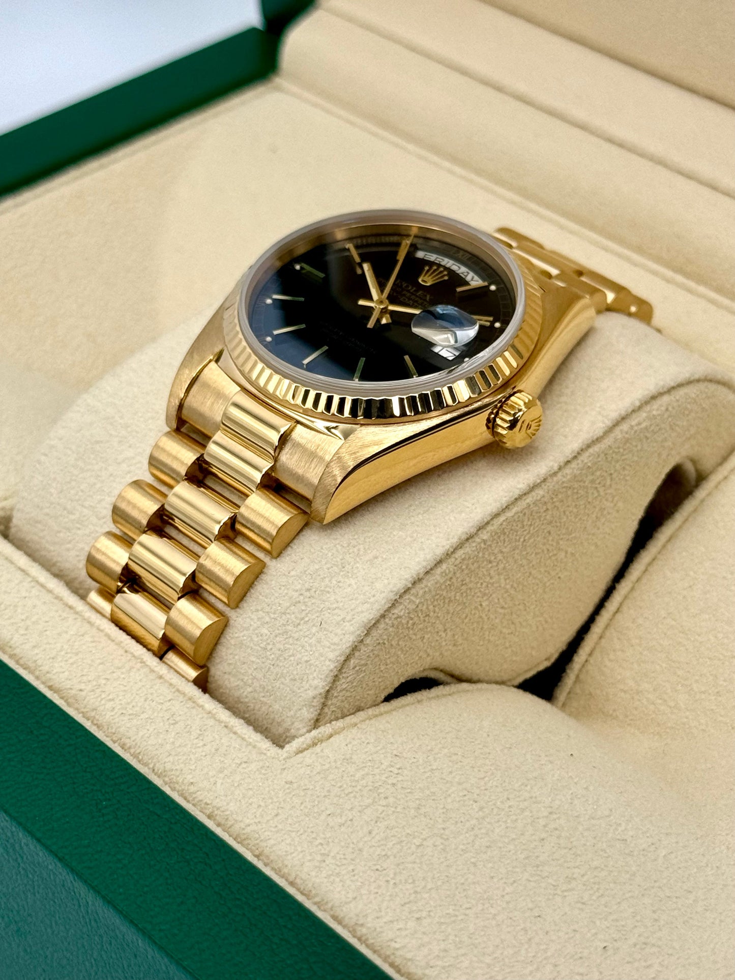 1981 Rolex Day-Date 36mm 18038 Presidential Black Dial - MyWatchLLC