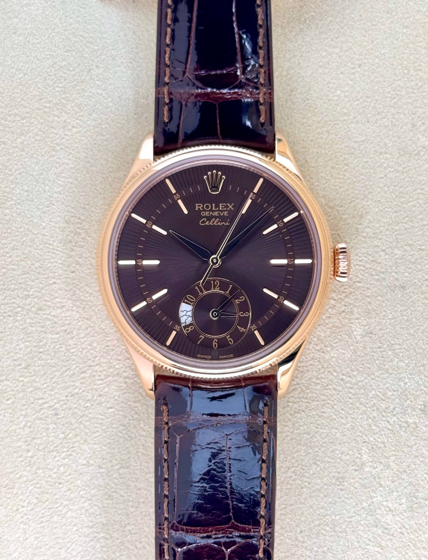 2020 Rolex Cellini Dual Time 39mm 50525 Rose Gold Brown Dial - MyWatchLLC