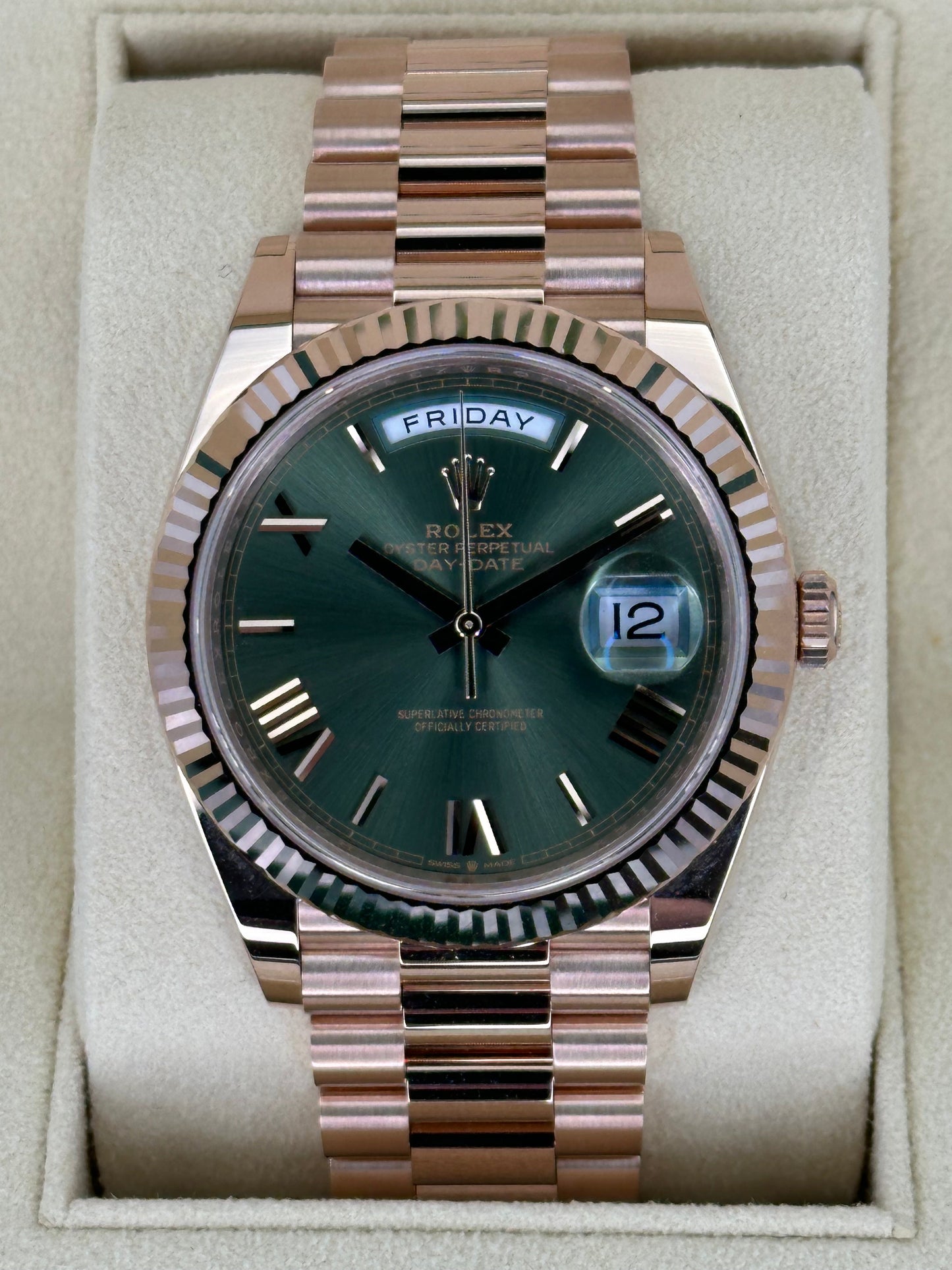2022 Rolex Day-Date 40mm 228235 Presidential Rose Gold Olive Dial - MyWatchLLC