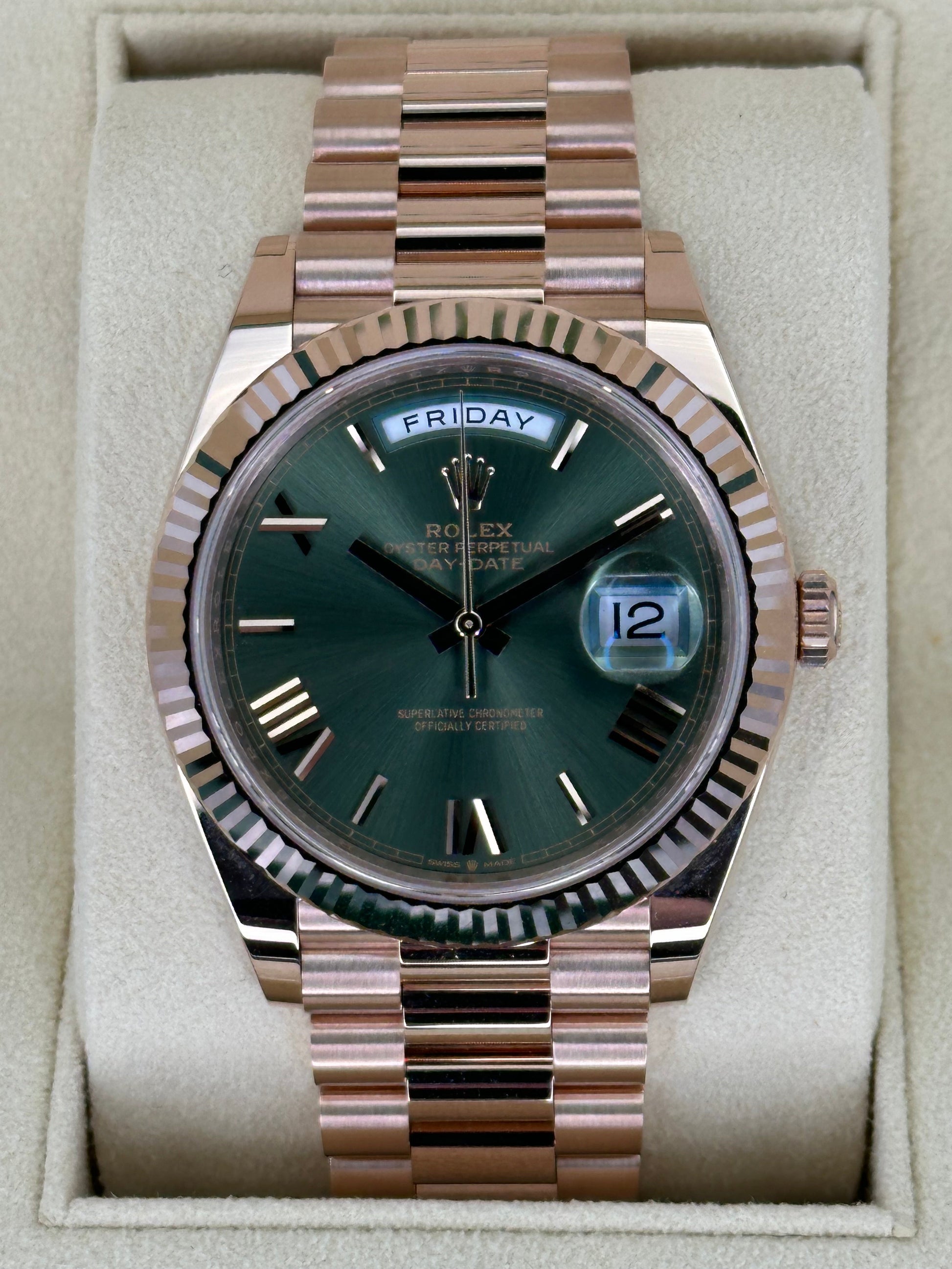 2022 Rolex Day-Date 40mm 228235 Presidential Rose Gold Olive Dial - MyWatchLLC