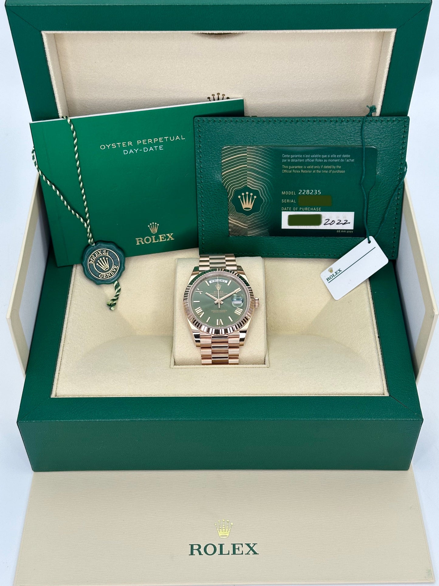 2022 Rolex Day-Date 40mm 228235 Presidential Rose Gold Olive Dial - MyWatchLLC