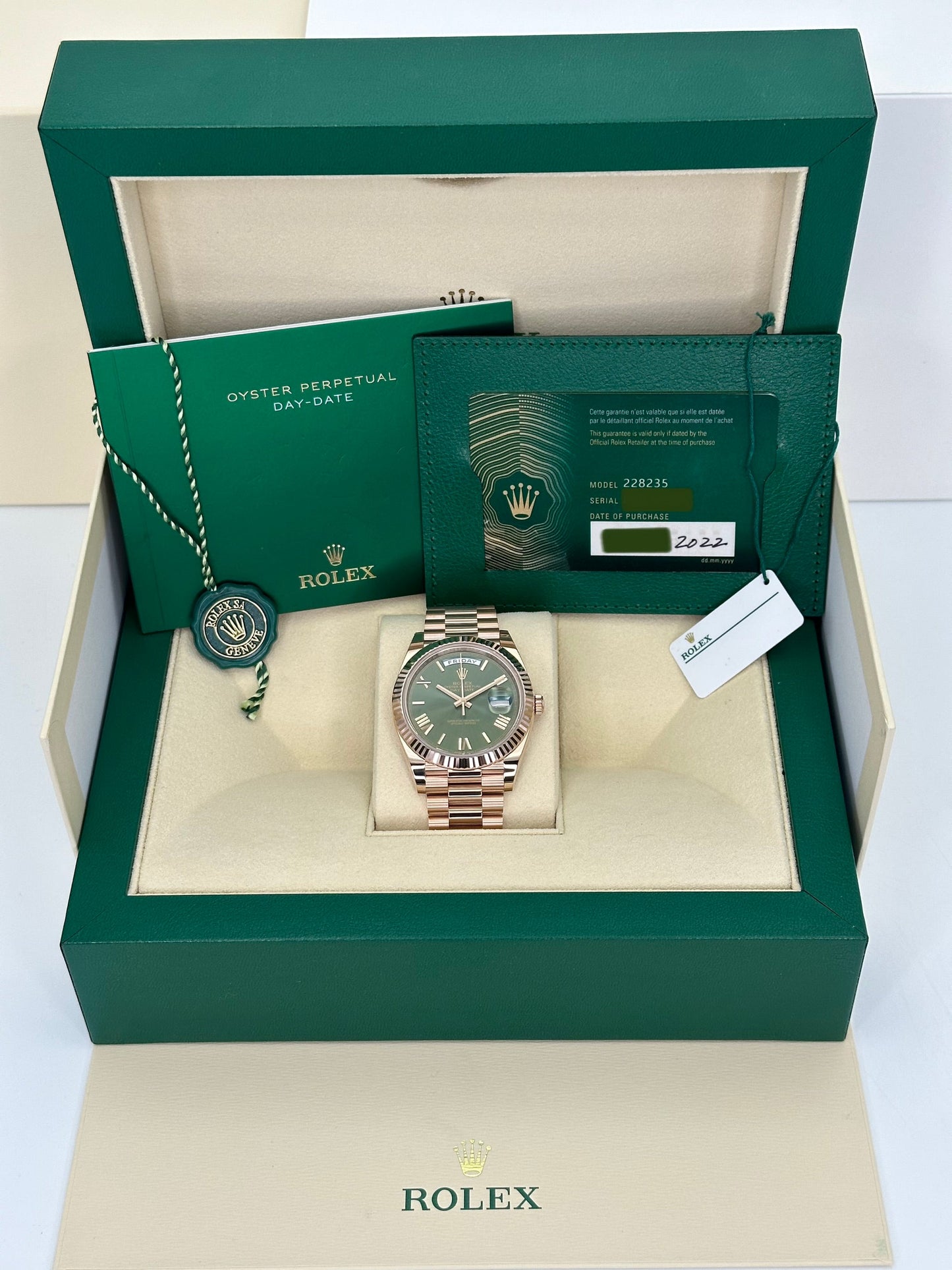 2022 Rolex Day-Date 40mm 228235 Presidential Rose Gold Olive Dial - MyWatchLLC