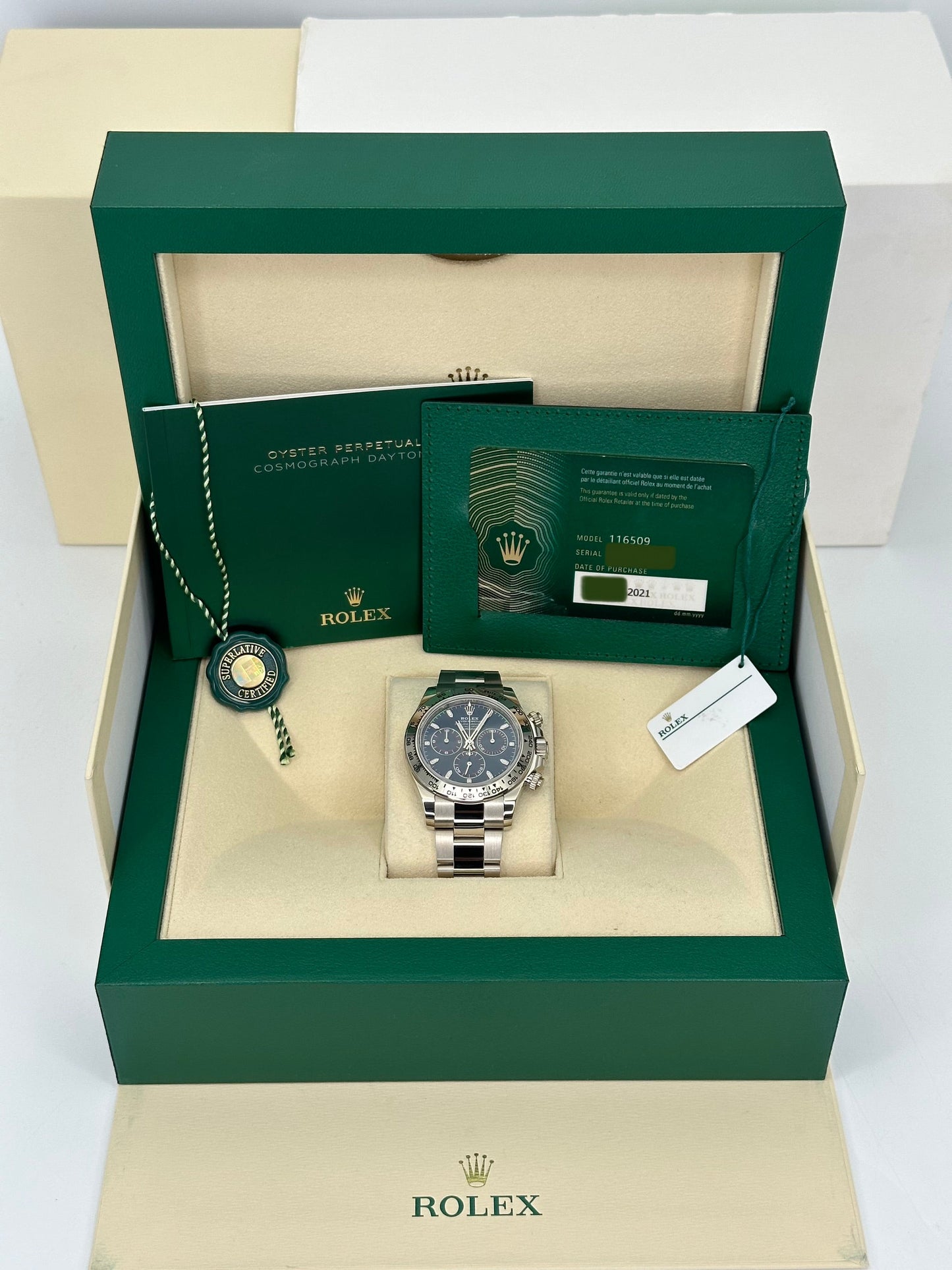 2021 Roles Daytona 40mm 116509 White Gold Blue Dial - MyWatchLLC