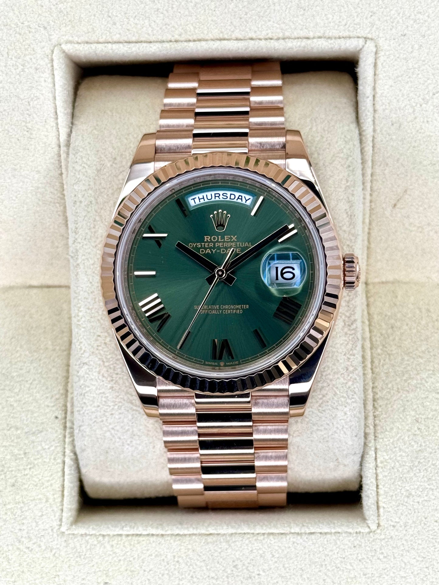 2022 Rolex Day-Date 40mm 228235 Presidential Rose Gold Olive Dial - MyWatchLLC