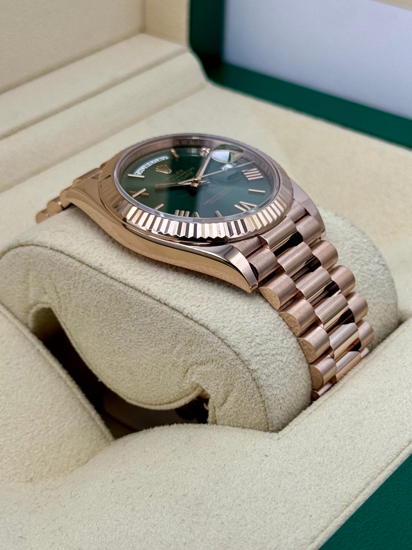 2022 Rolex Day-Date 40mm 228235 Presidential Rose Gold Olive Dial - MyWatchLLC