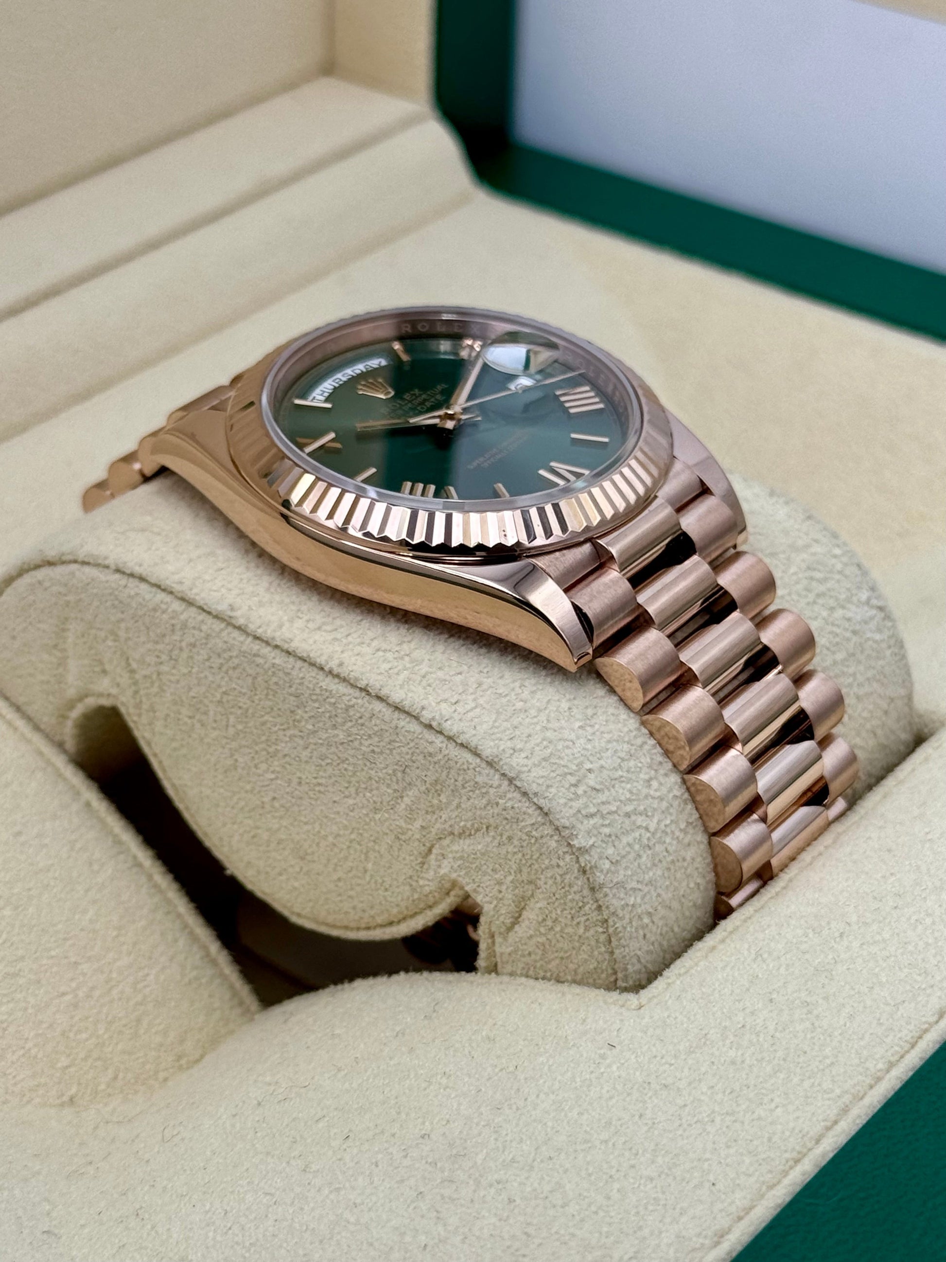 2022 Rolex Day-Date 40mm 228235 Presidential Rose Gold Olive Dial - MyWatchLLC
