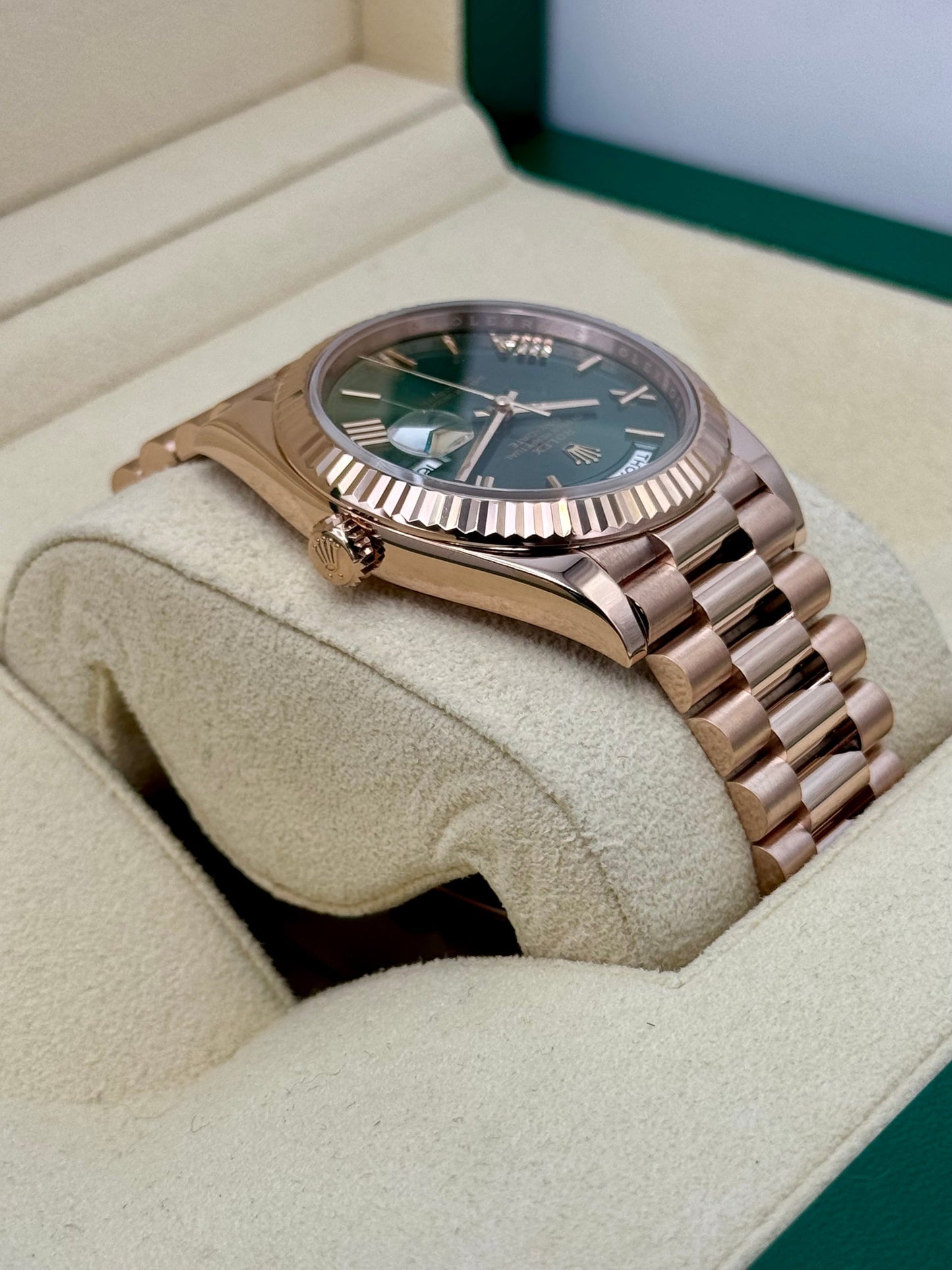 2022 Rolex Day-Date 40mm 228235 Presidential Rose Gold Olive Dial - MyWatchLLC