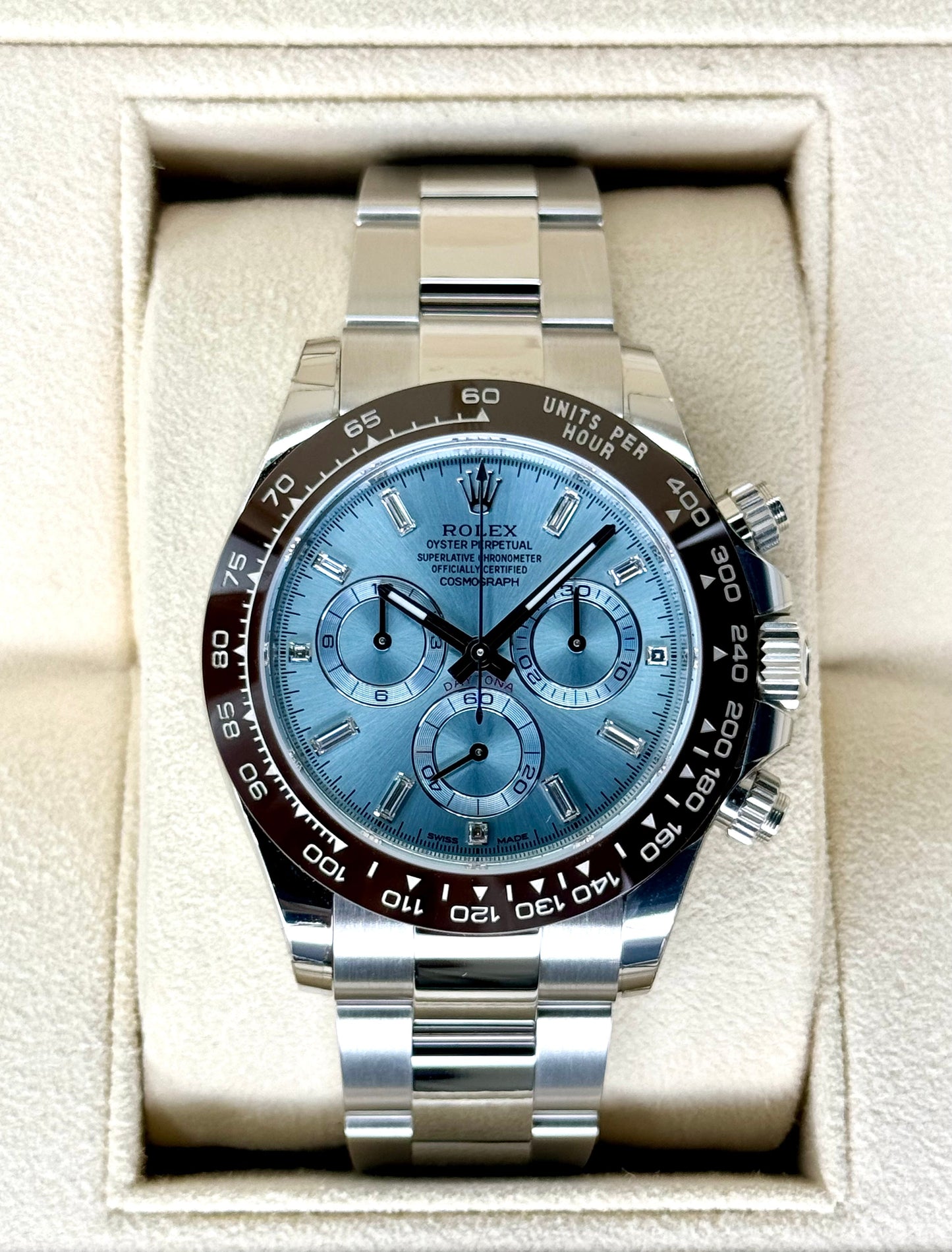 NEW Rolex Daytona 40mm 116506 Platinum Ice Blue Diamond Baguette Dial - MyWatchLLC